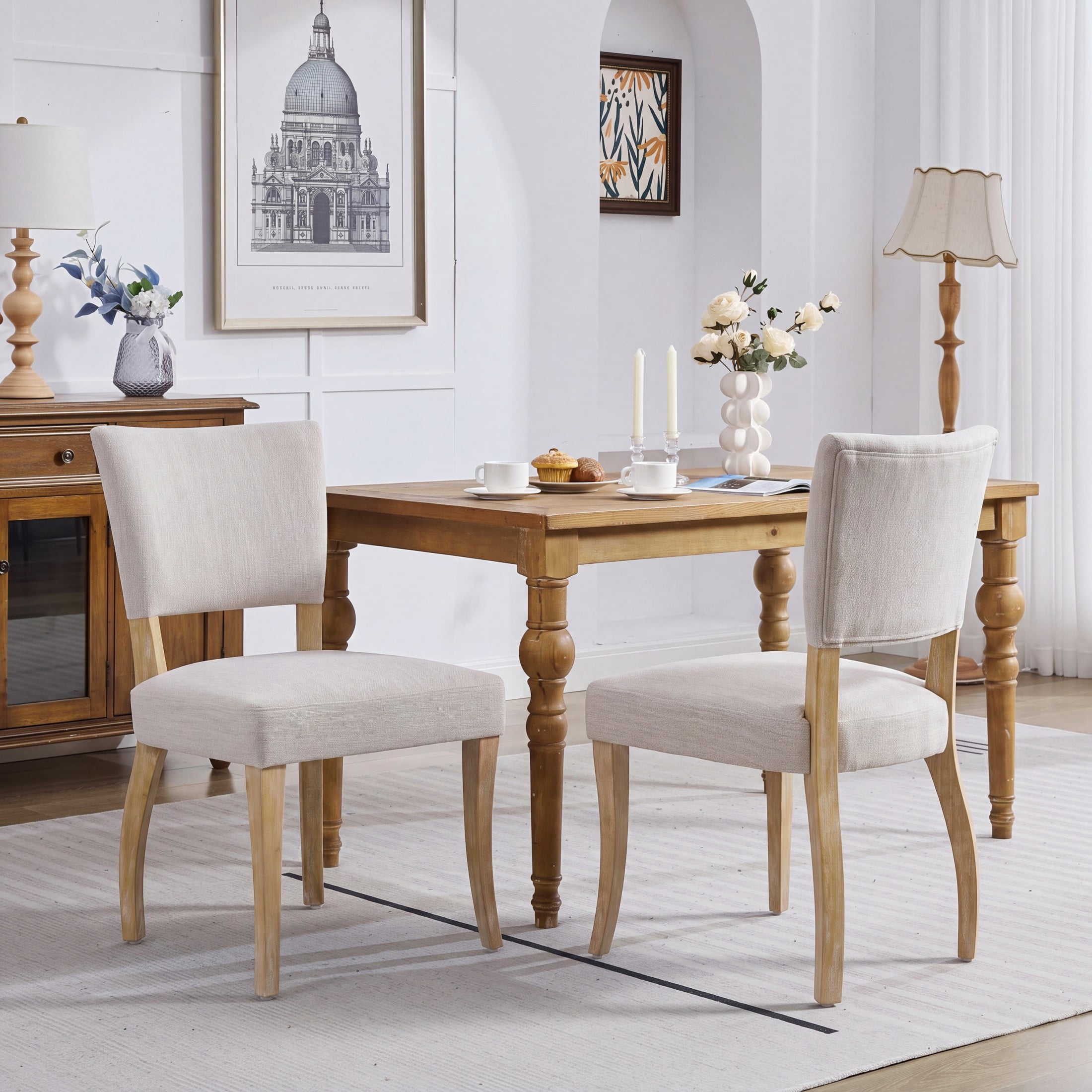 Christopher Knight Home Mid-Century Upholstered Wood Armless Dining Chairs, Beige+Natural, Set of 2