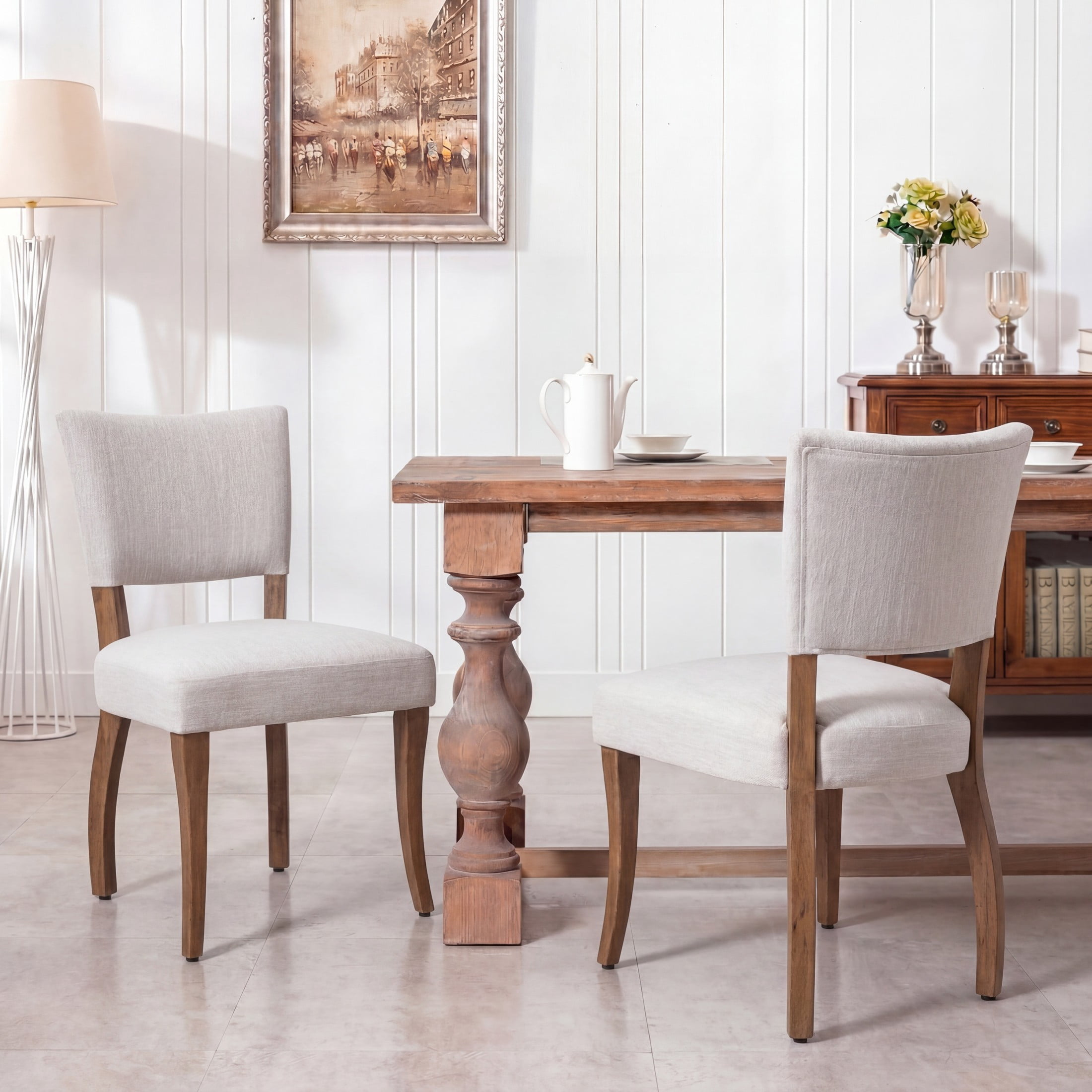 Christopher Knight Home Mid-Century Upholstered Wood Armless Dining Chairs, Beige+Walnut, Set of 2