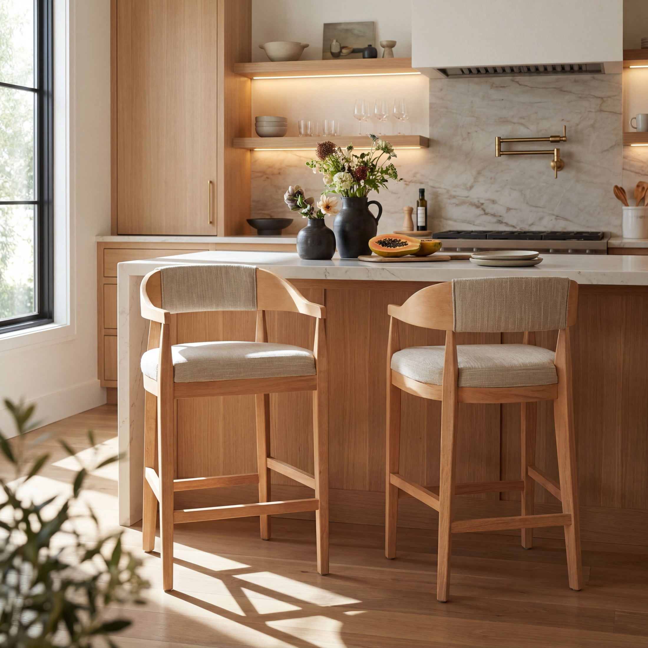 Christopher Knight Home Mid-Century Wood Counter Stools with Curved Arms, Natural+Beige, Set of 2