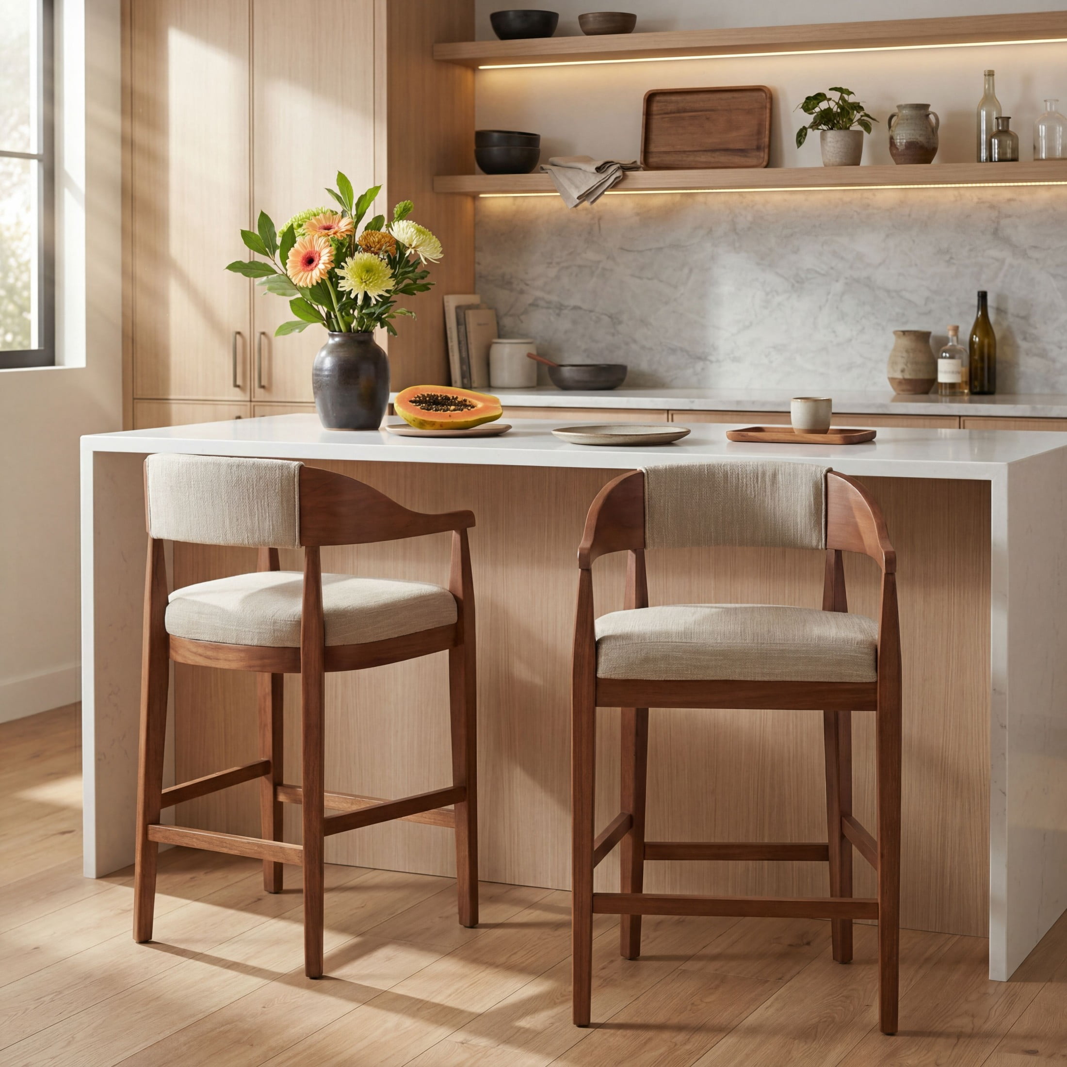 Christopher Knight Home Mid-Century Wood Counter Stools with Curved Arms, Walnut+Light Gray, Set of 2