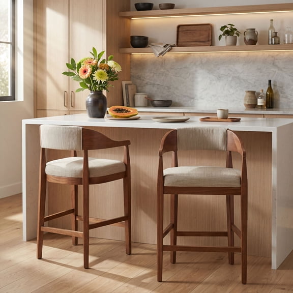 Christopher Knight Home Mid-Century Wood Counter Stools with Curved Arms, Walnut+Light Gray, Set of 2