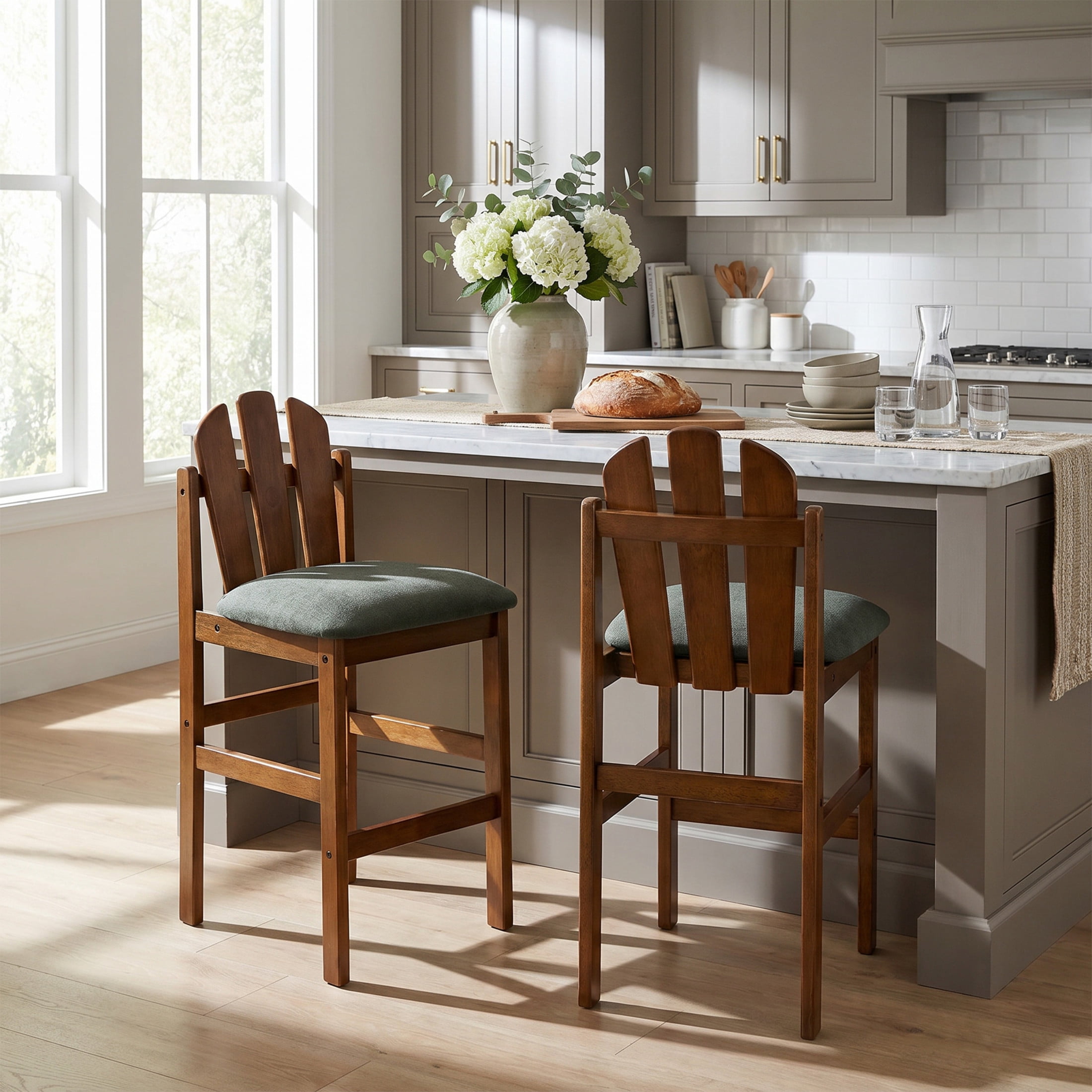 Christopher Knight Home Mid-Century Wood Counter Stools with Upholstered Seat, Walnut+Green, Set of 2