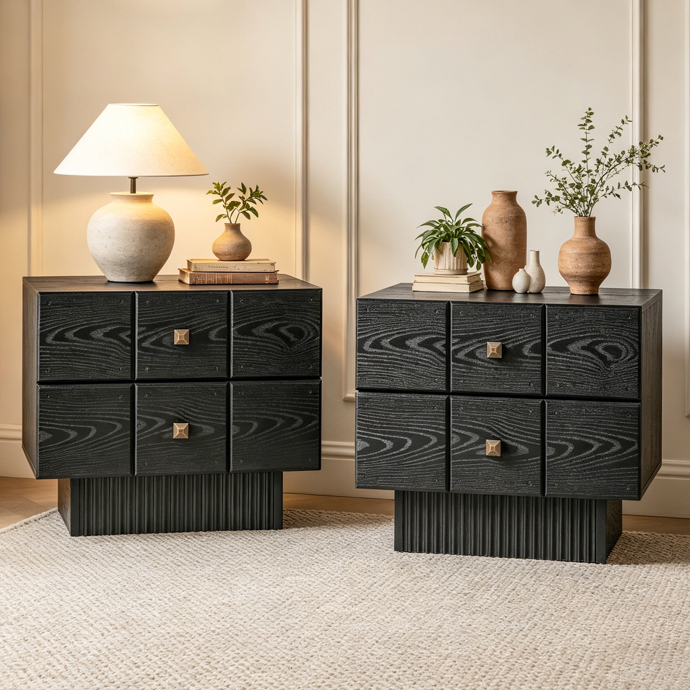 Christopher Knight Home Mid-Century Wood Nightstand with 2 Drawers, Fluted Pedestal, Black, Set of 2