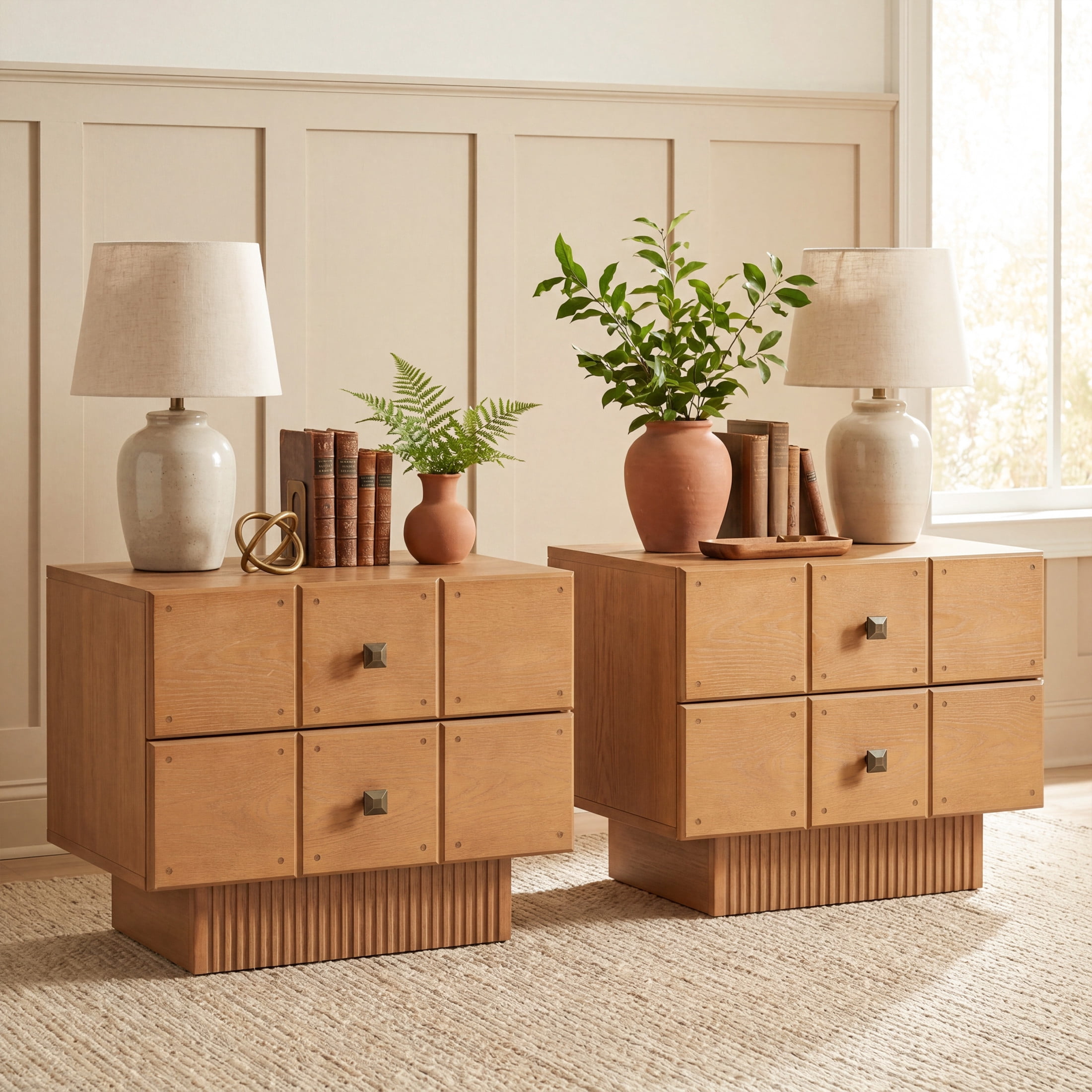 Christopher Knight Home Mid-Century Wood Nightstand with 2 Drawers, Fluted Pedestal, Brown, Set of 2