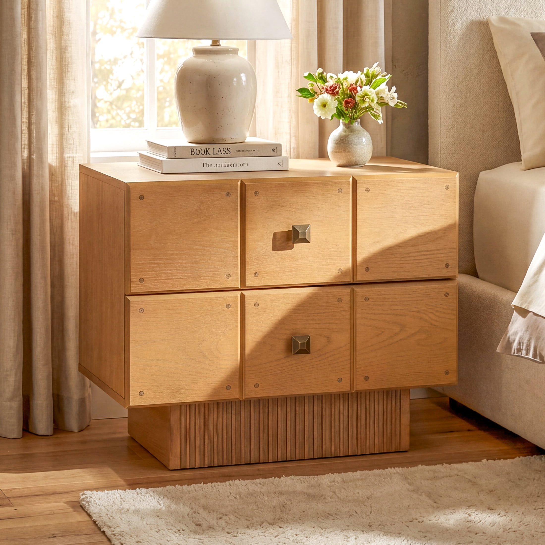 Christopher Knight Home Mid-Century Wood Nightstand with 2 Drawers, Fluted Pedestal, Brown