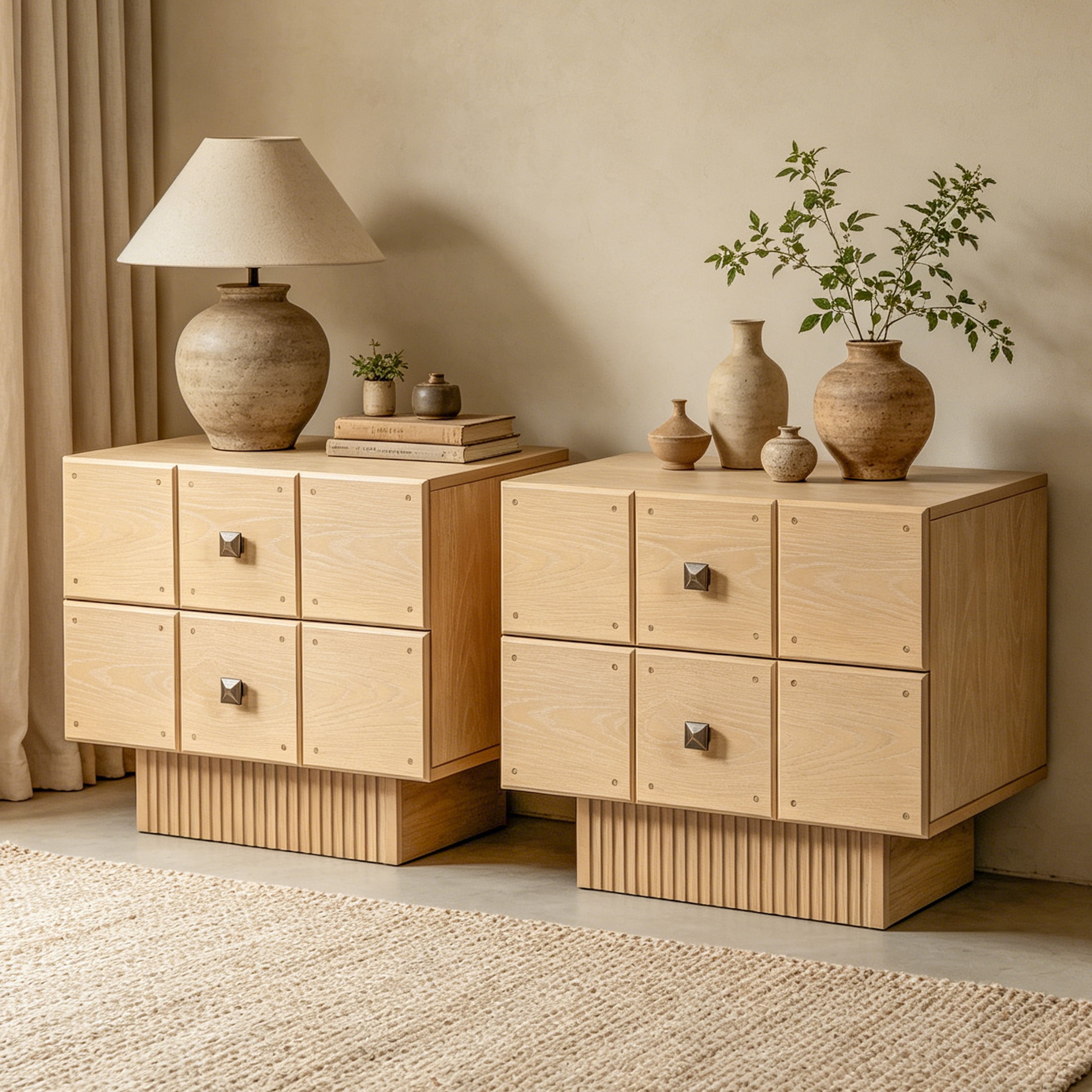 Christopher Knight Home Mid-Century Wood Nightstand with 2 Drawers, Fluted Pedestal, Natural, Set of 2