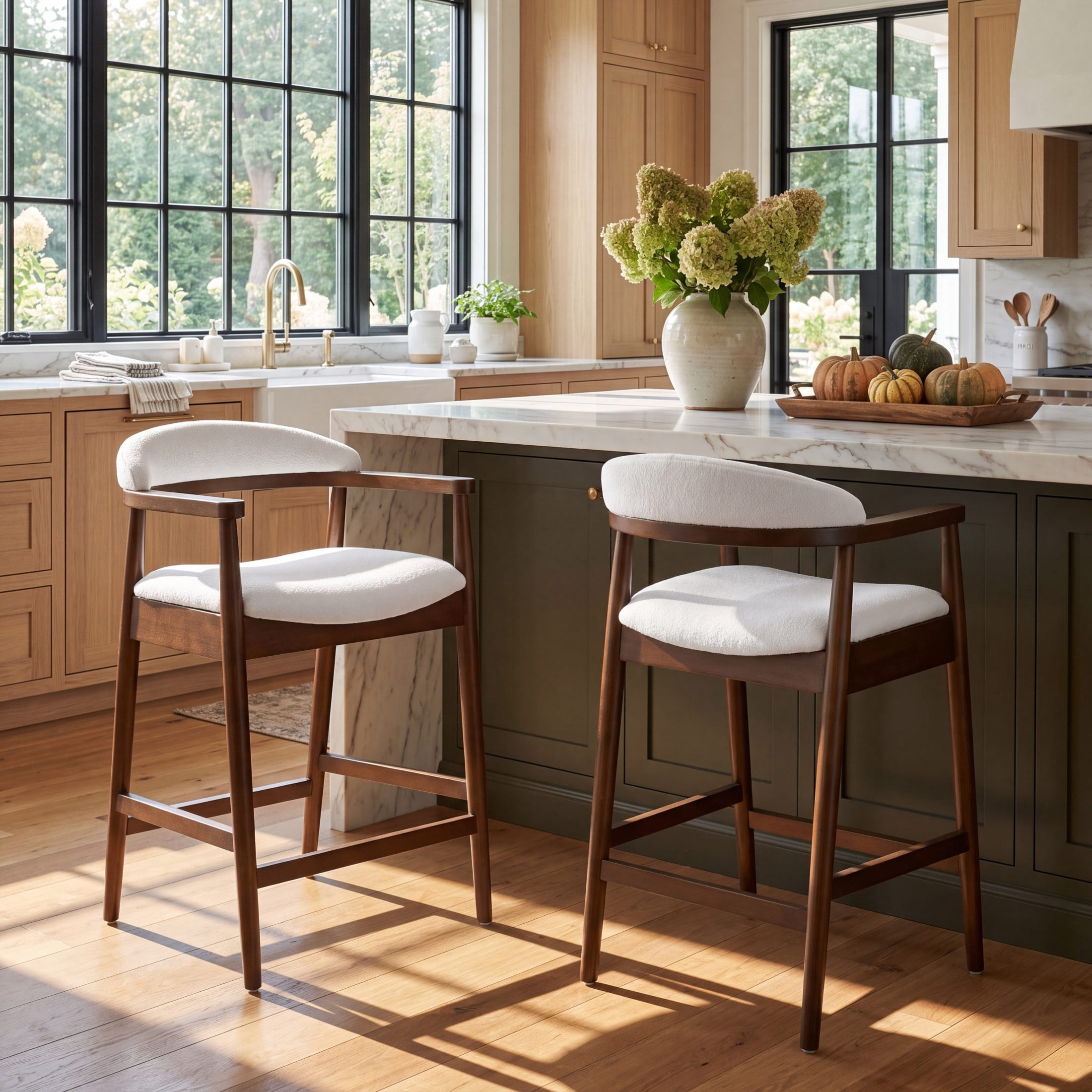 Christopher Knight Home Mid-Century Wooden Counter Stools with White Upholstery, Walnut, Set of 2