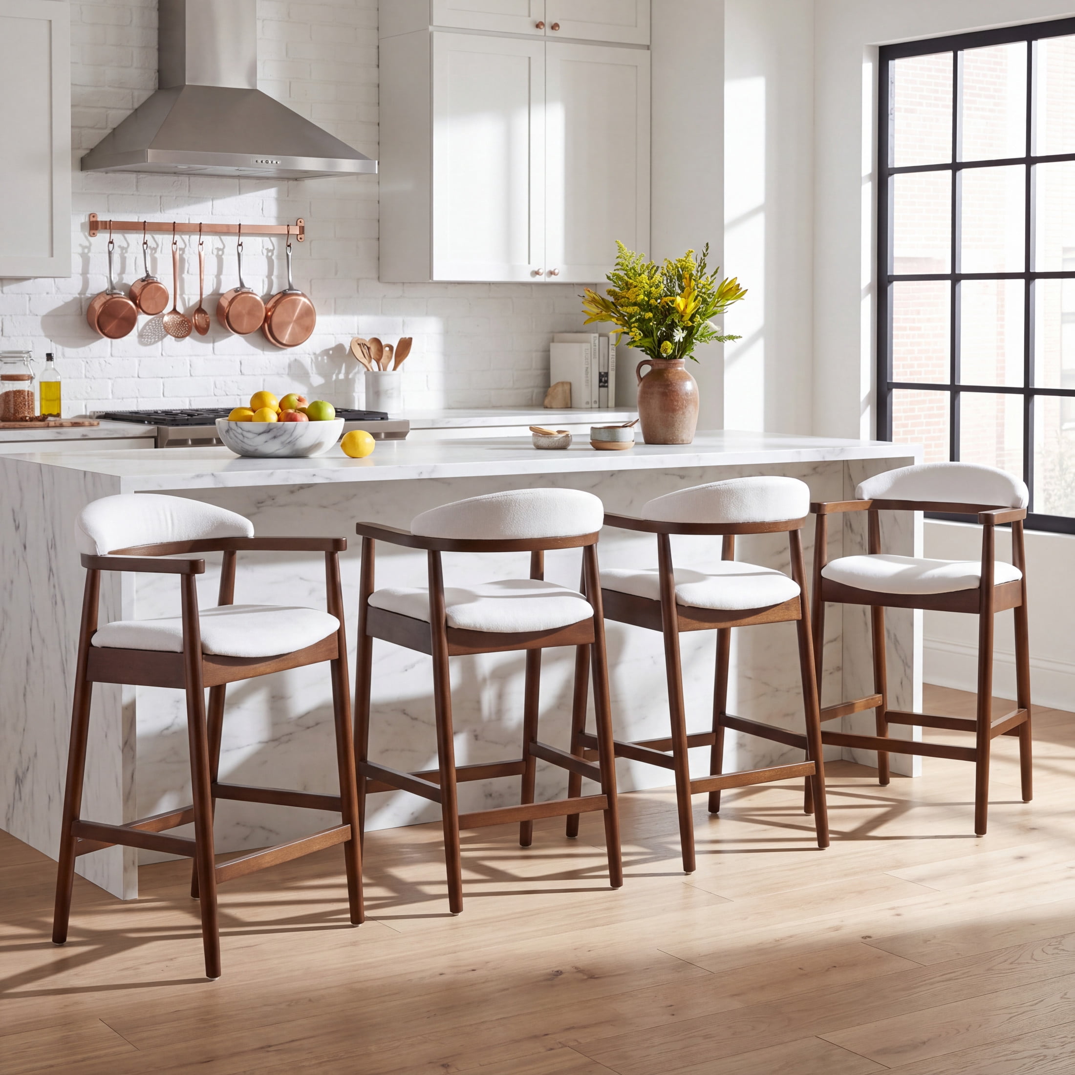 Christopher Knight Home Mid-Century Wooden Counter Stools with White Upholstery, Walnut, Set of 4