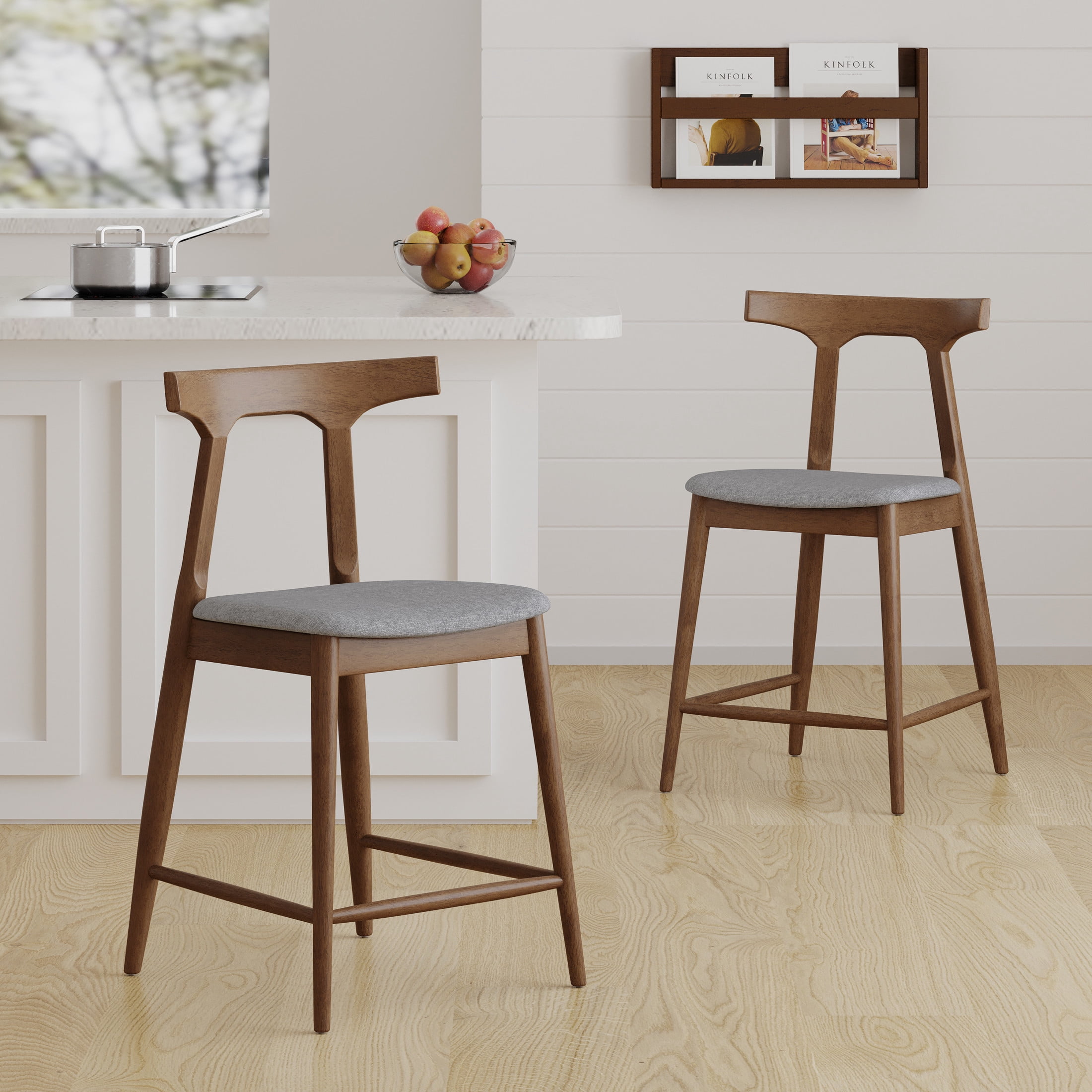 Christopher Knight Home Mid-century Armless Counter Stool Set of 2, Rubberwood Frame, Walnut+Light Gray