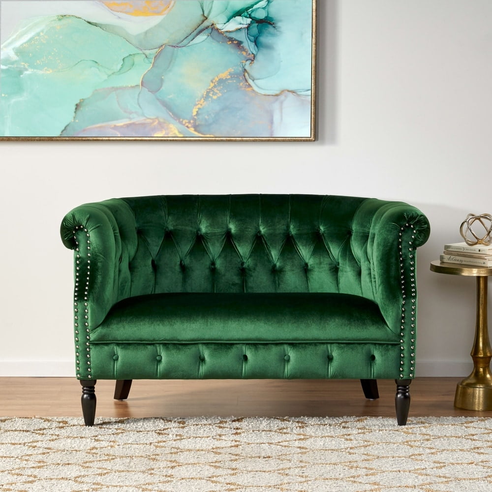 Emerald Velvet Chesterfield Loveseat with Nailhead Accents