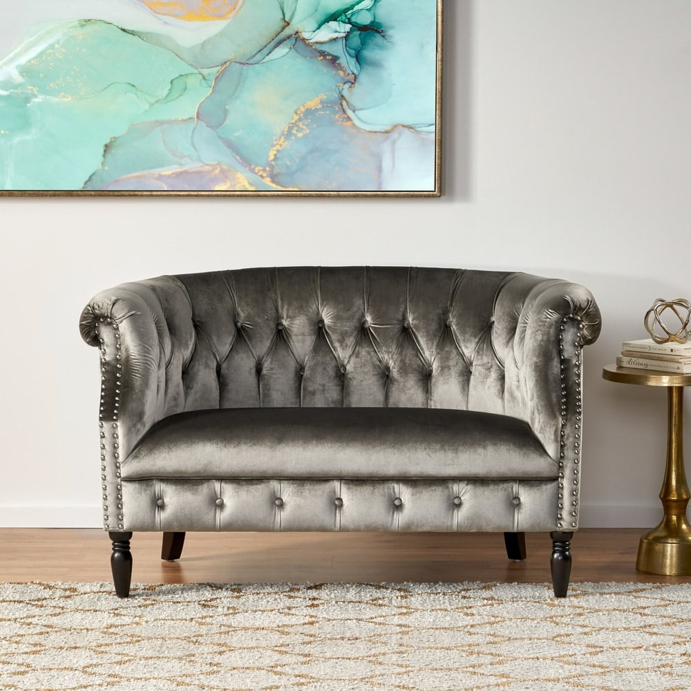 Chesterfield Gray Velvet Tufted Loveseat with Nailhead Accents