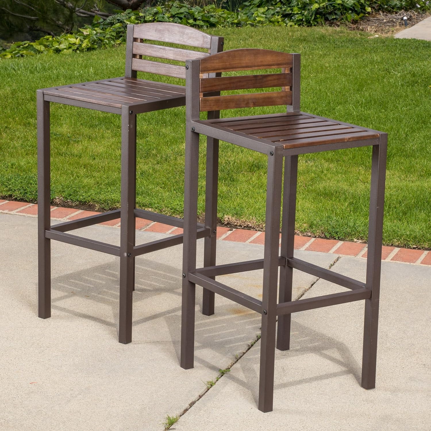 Milos Dark Brown Acacia and Metal Outdoor Barstools, Set of 2
