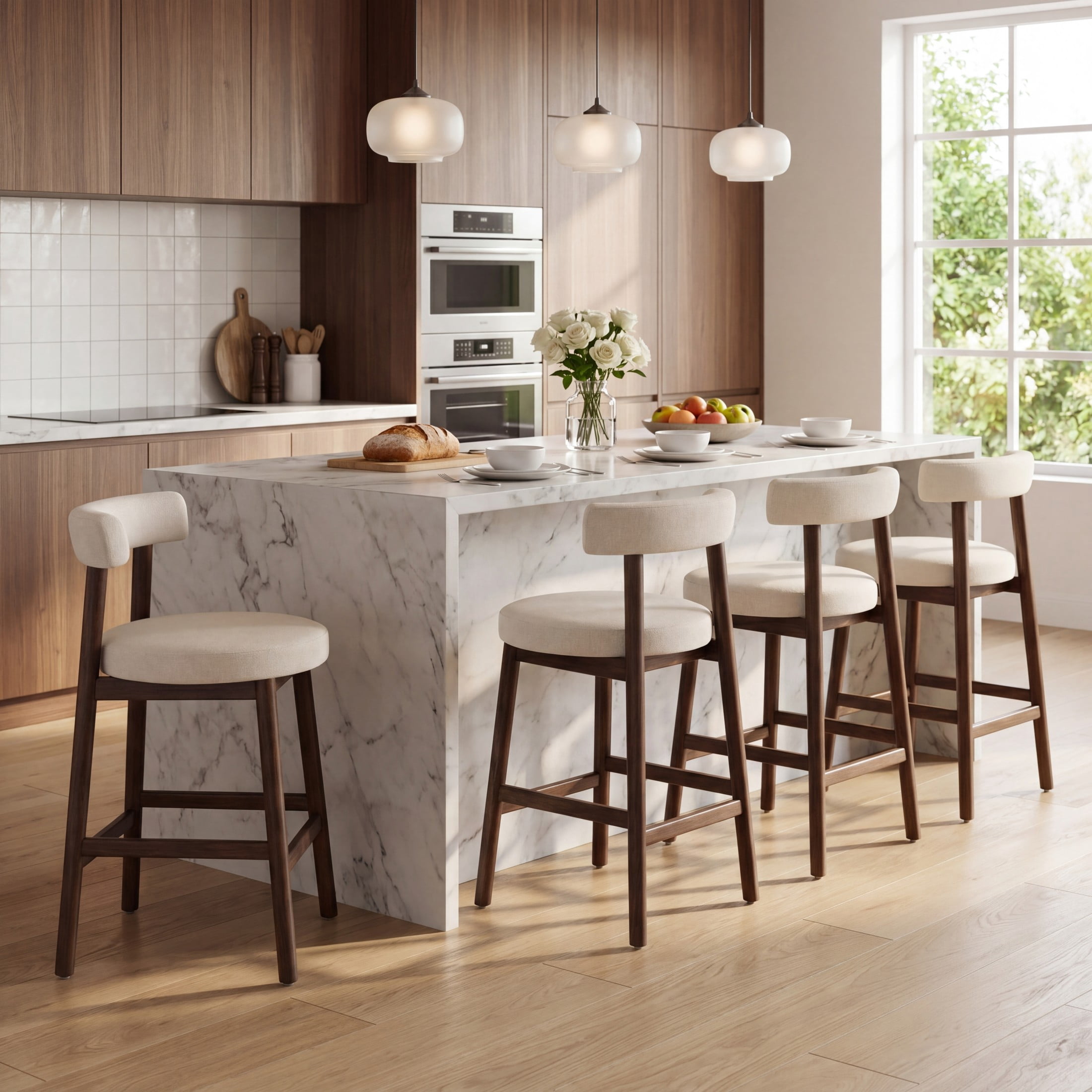 Christopher Knight Home Minimalist 26.77" Counter Height Bar Stools, Solid Wood Frame, Walnut, Set of 4
