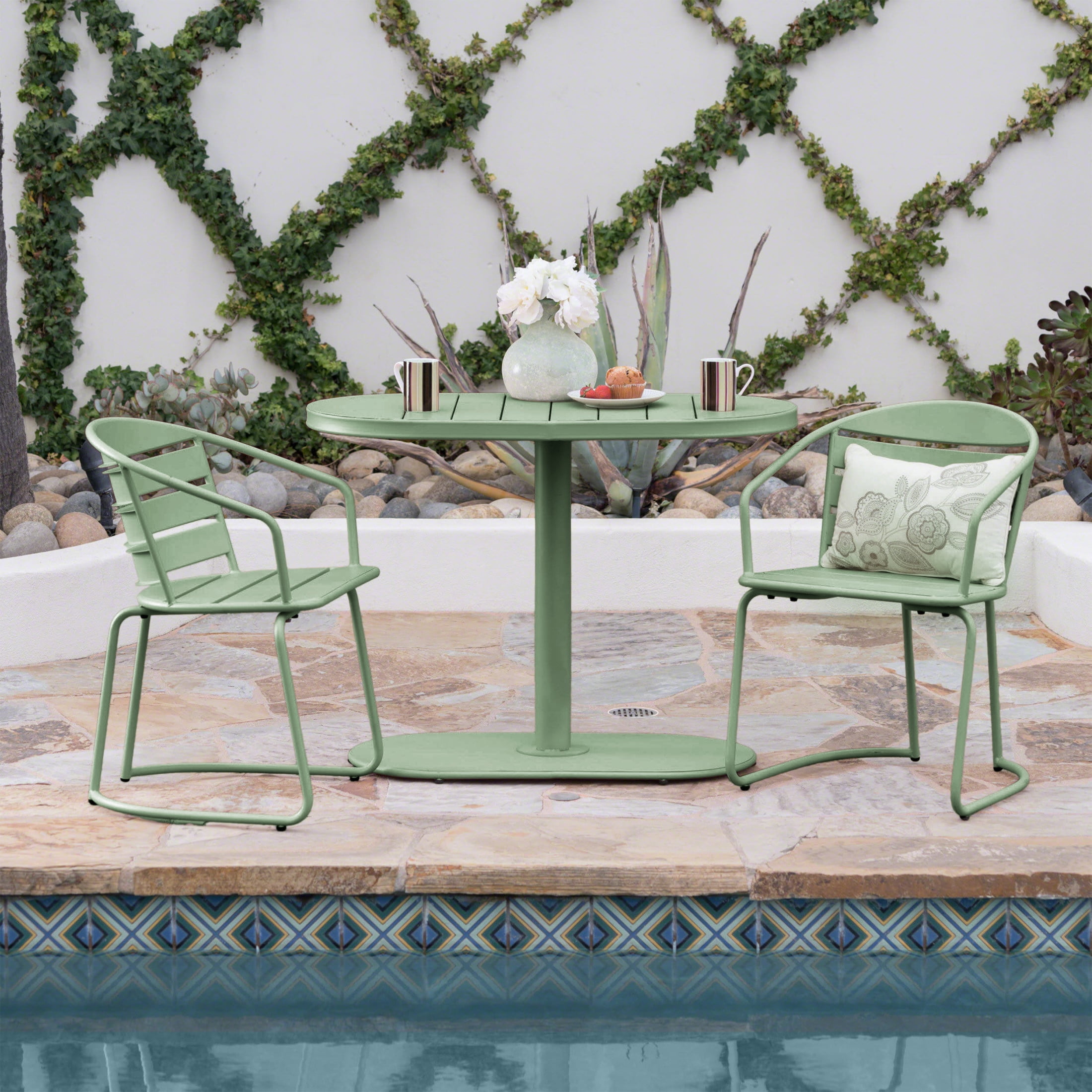 Christopher Knight Home Minimalist 3-Piece Outdoor Bistro Set, Oval Table & Slatted Chairs, Matte Dark Green