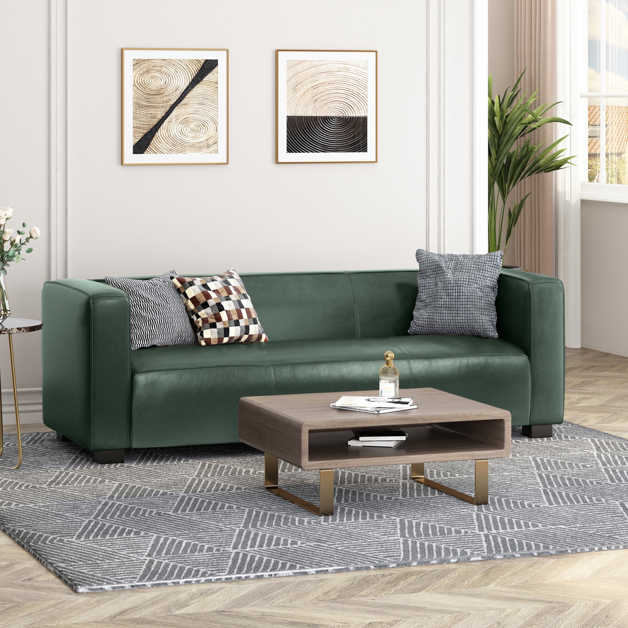 Christopher Knight Home Minimalist 70” PU Leather 3 Seater Sofa Couch, Solid Wood legs, Green