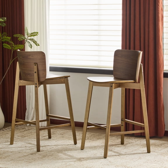 Christopher Knight Home Minimalist Bar Stools with Curved Backrest, Walnut Finish, Set of 2