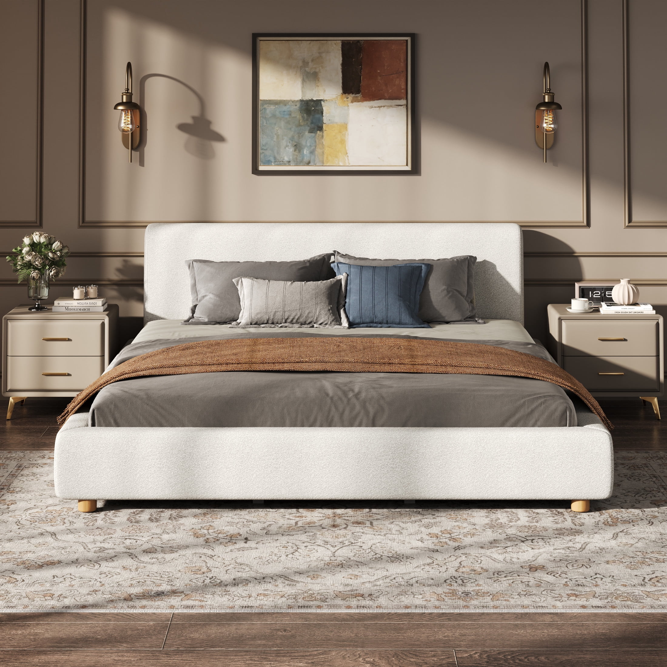 Christopher Knight Home Minimalist King Boucle Upholstered Platform Bed Frame with Headboard, White