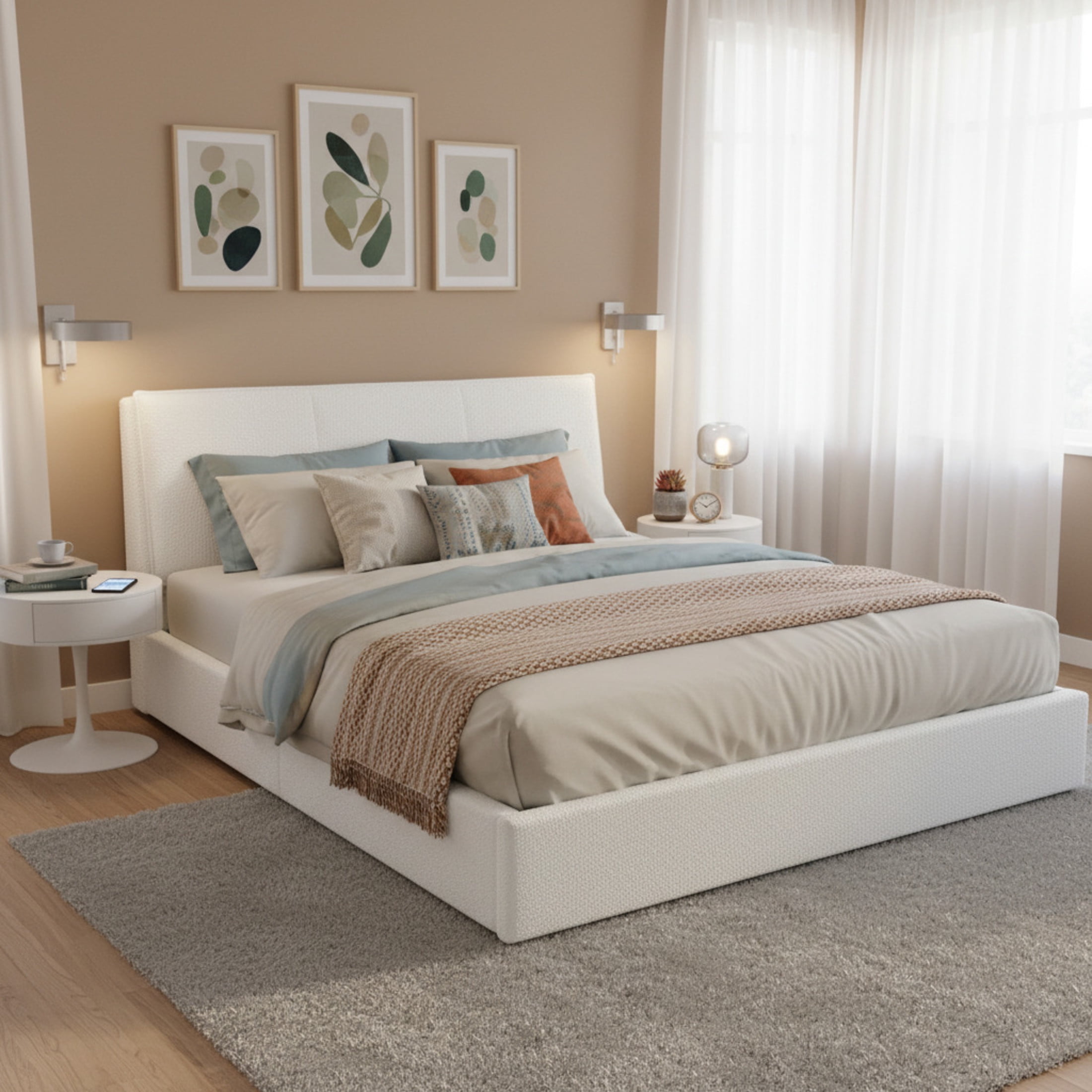 Christopher Knight Home Minimalist King Upholstered Bed Frame with Ergonomic Headboard, White