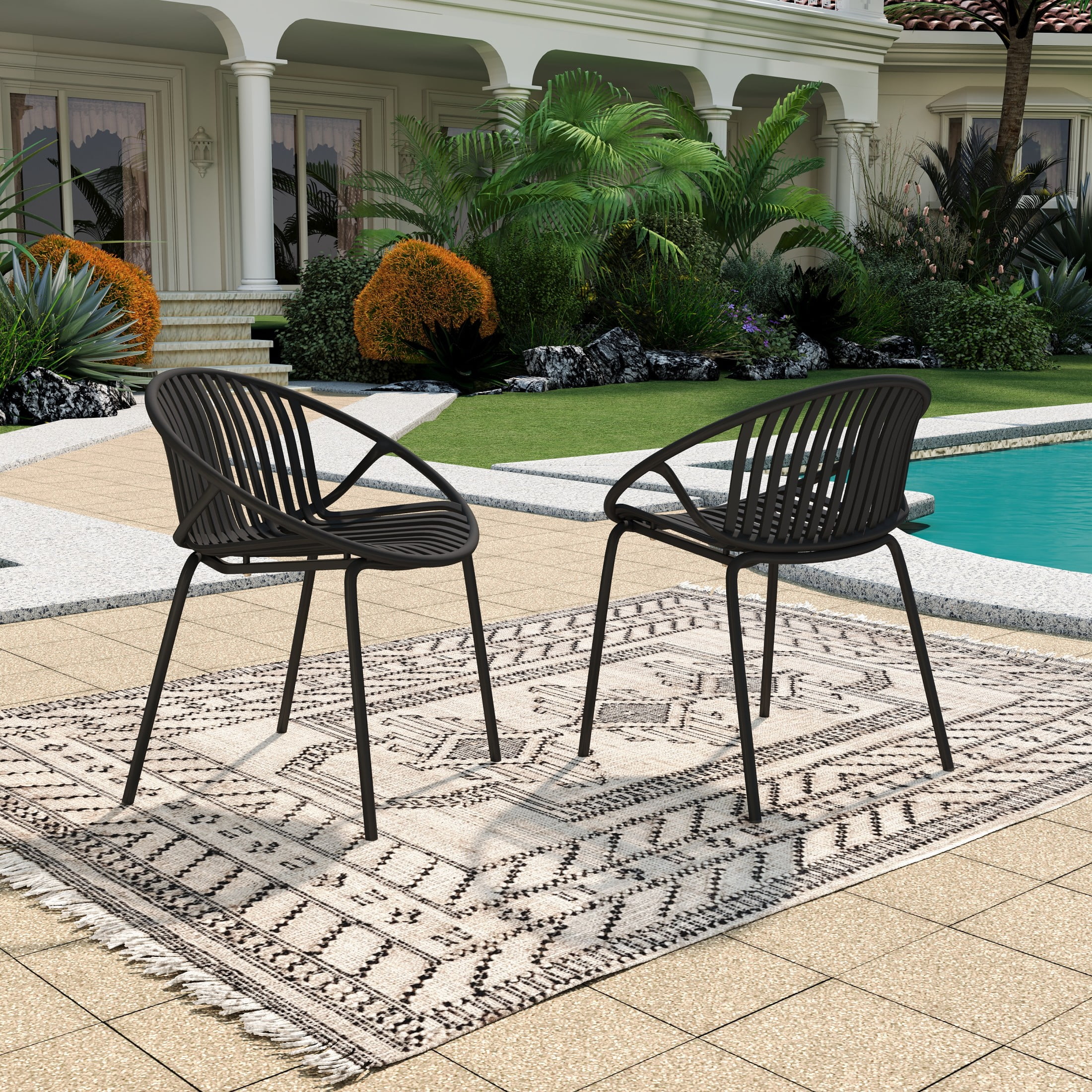 Christopher Knight Home Minimalist Plastic Outdoor Stacking Dining Chairs, Metal Legs, Black, Set of 2