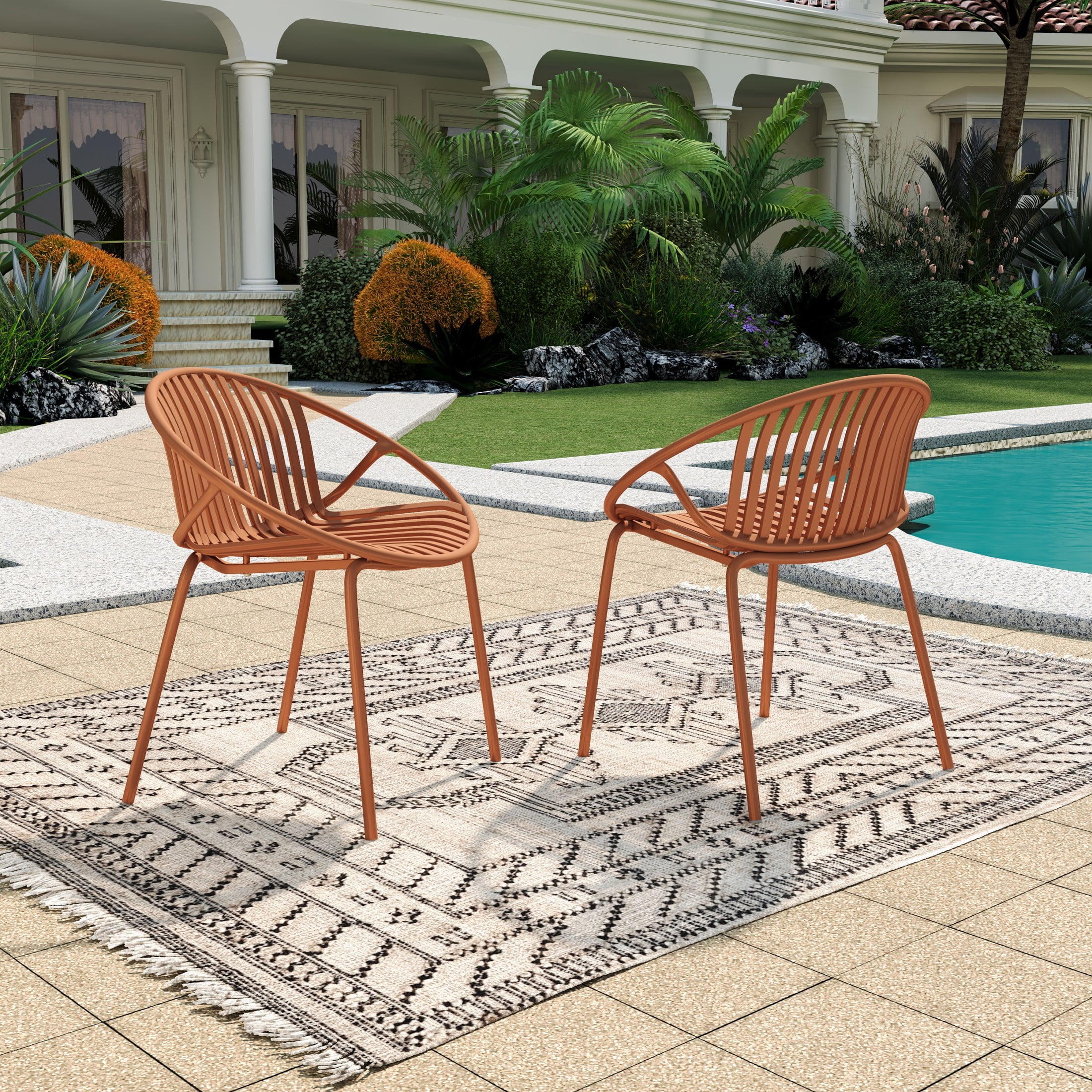 Christopher Knight Home Minimalist Plastic Outdoor Stacking Dining Chairs, Metal Legs, Orange, Set of 2
