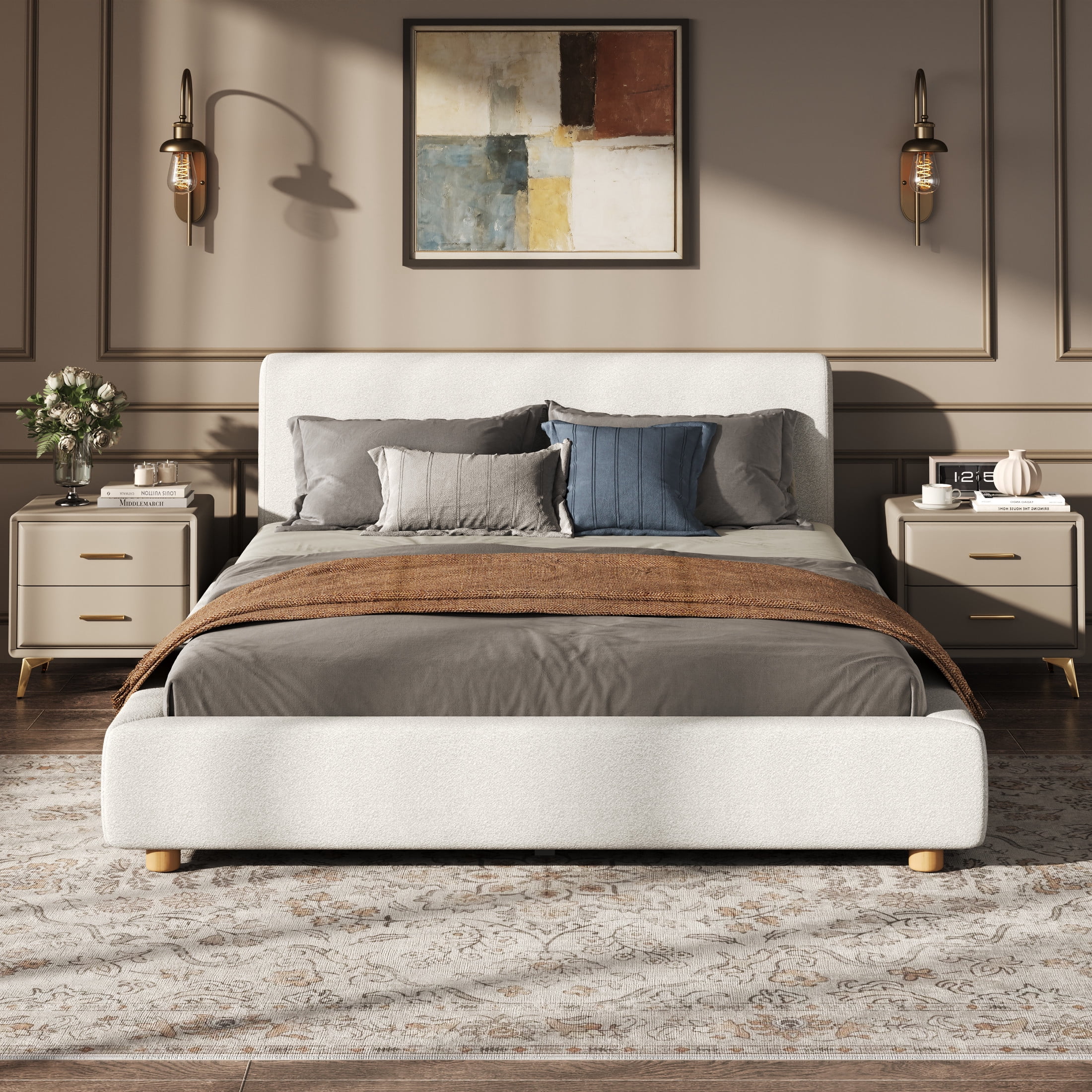 Christopher Knight Home Minimalist Queen Boucle Upholstered Platform Bed Frame with Headboard, White