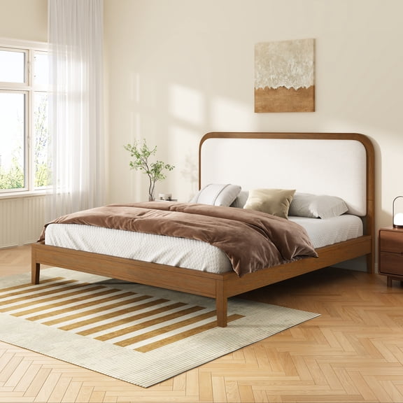 Christopher Knight Home Minimalist Queen Wood Bed Frame with Upholstered Curved Headboard, Brown Oak