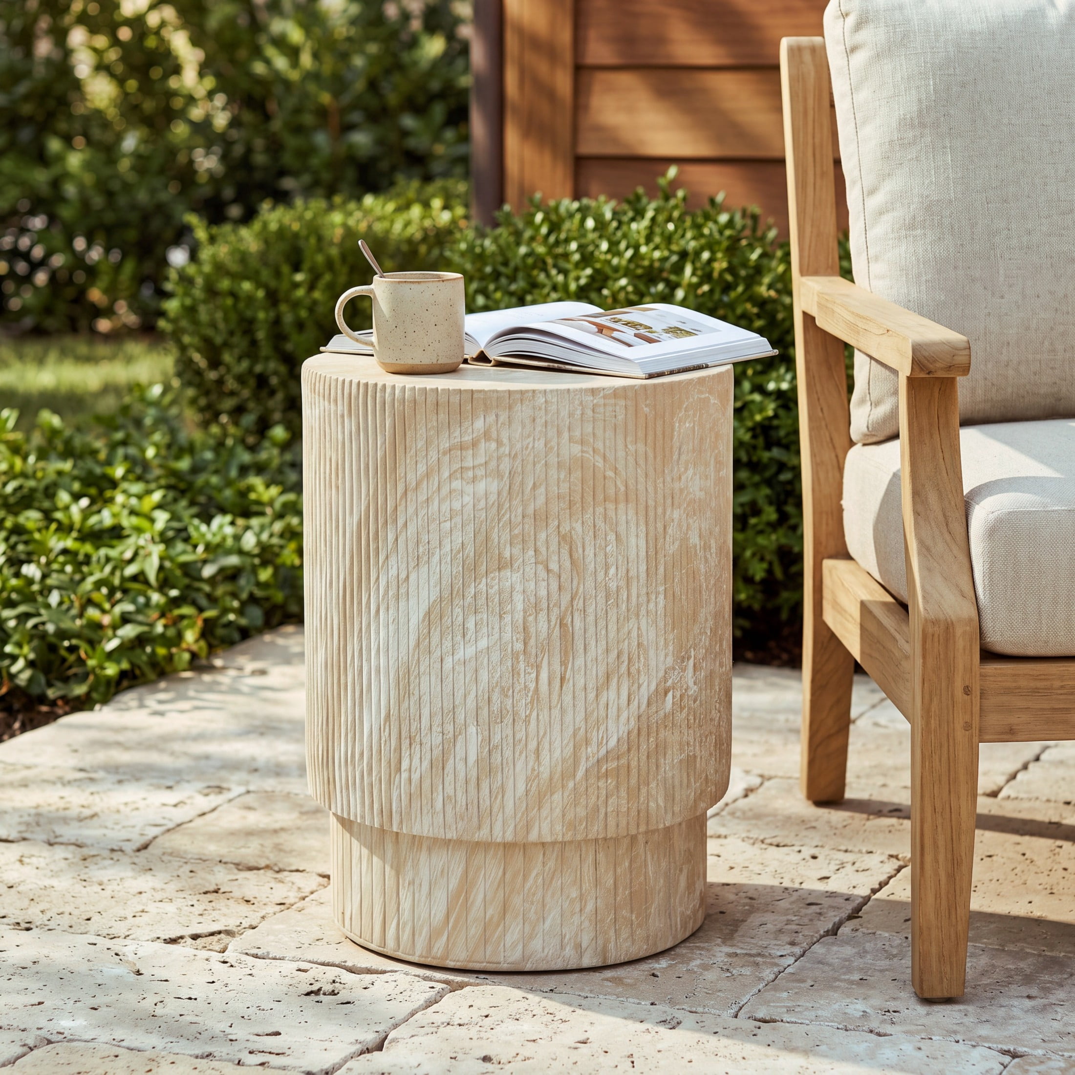 Christopher Knight Home Minimalist Ribbed MGO Side Table, Lightweight Concrete, Indoor/Outdoor, Travertine
