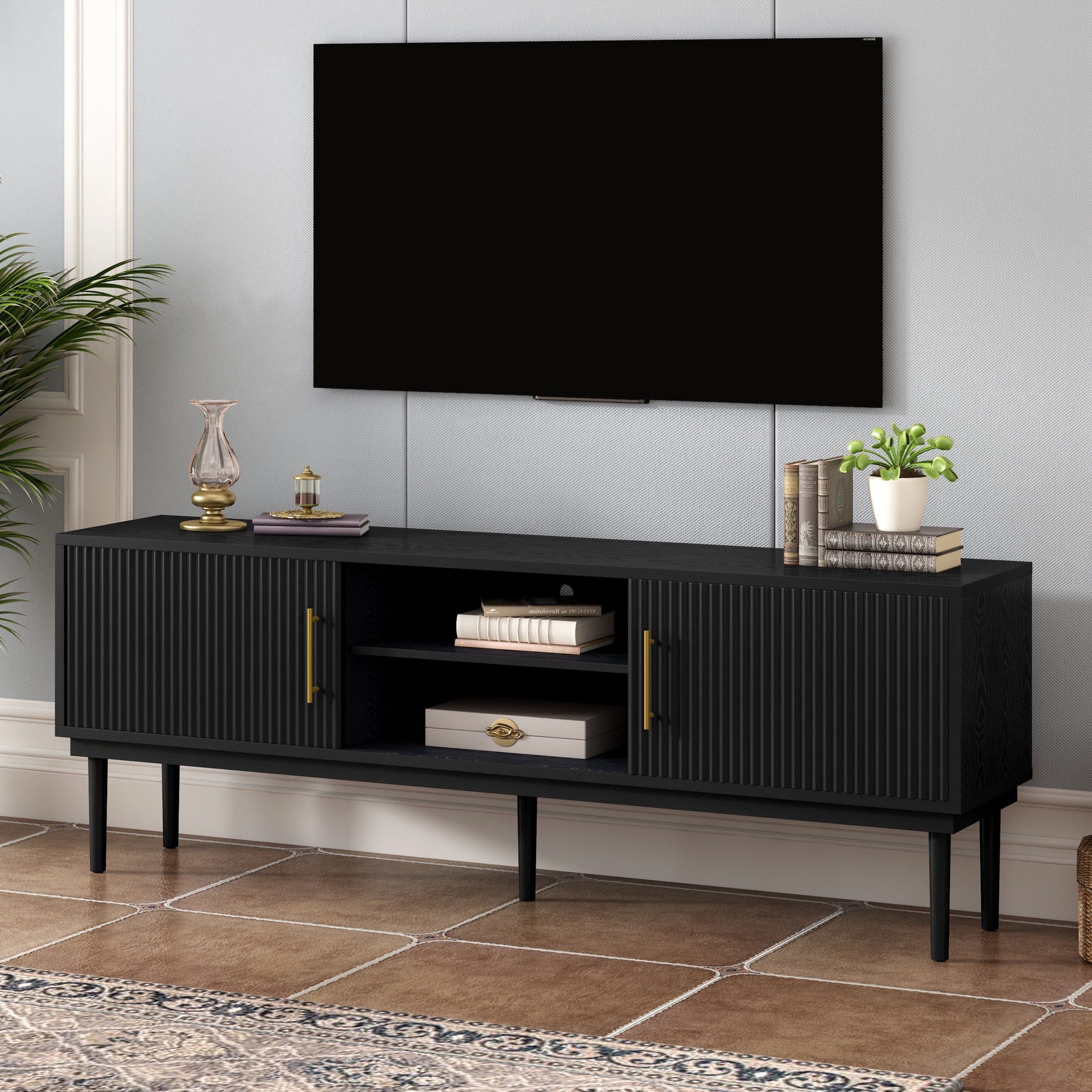 Christopher Knight Home Minimalist TV Stand For TVs up to 80" with 2 Vertical Striped Sliding Doors, Black