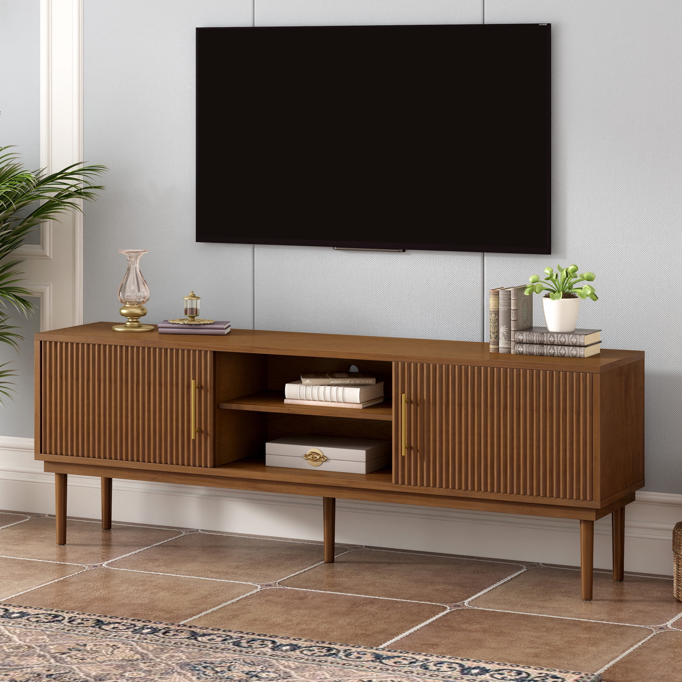 Christopher Knight Home Minimalist TV Stand For TVs up to 80" with 2 Vertical Striped Sliding Doors, Brown