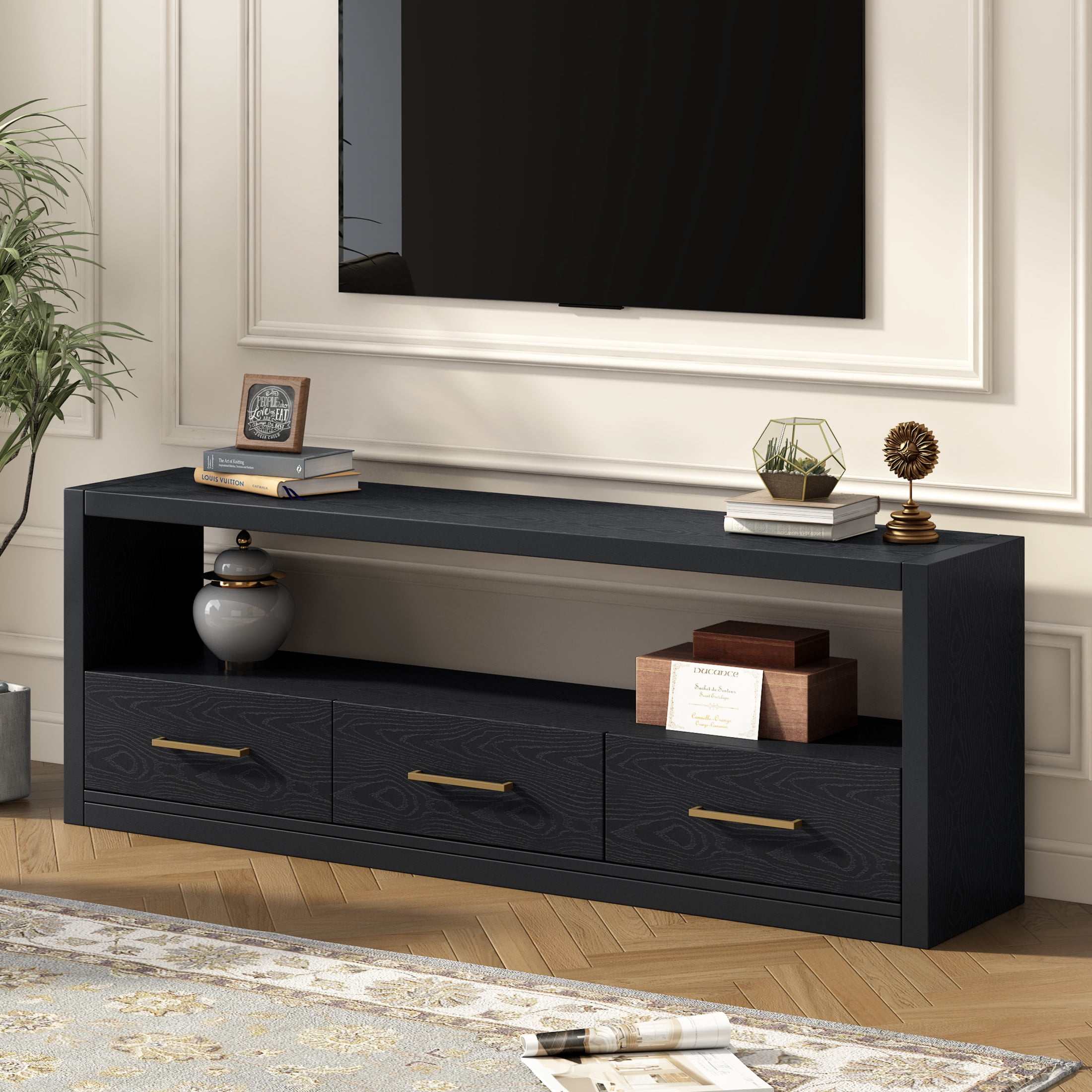 Christopher Knight Home Minimalist TV Stand For TVs up to 80" with 3 Drawers, Black
