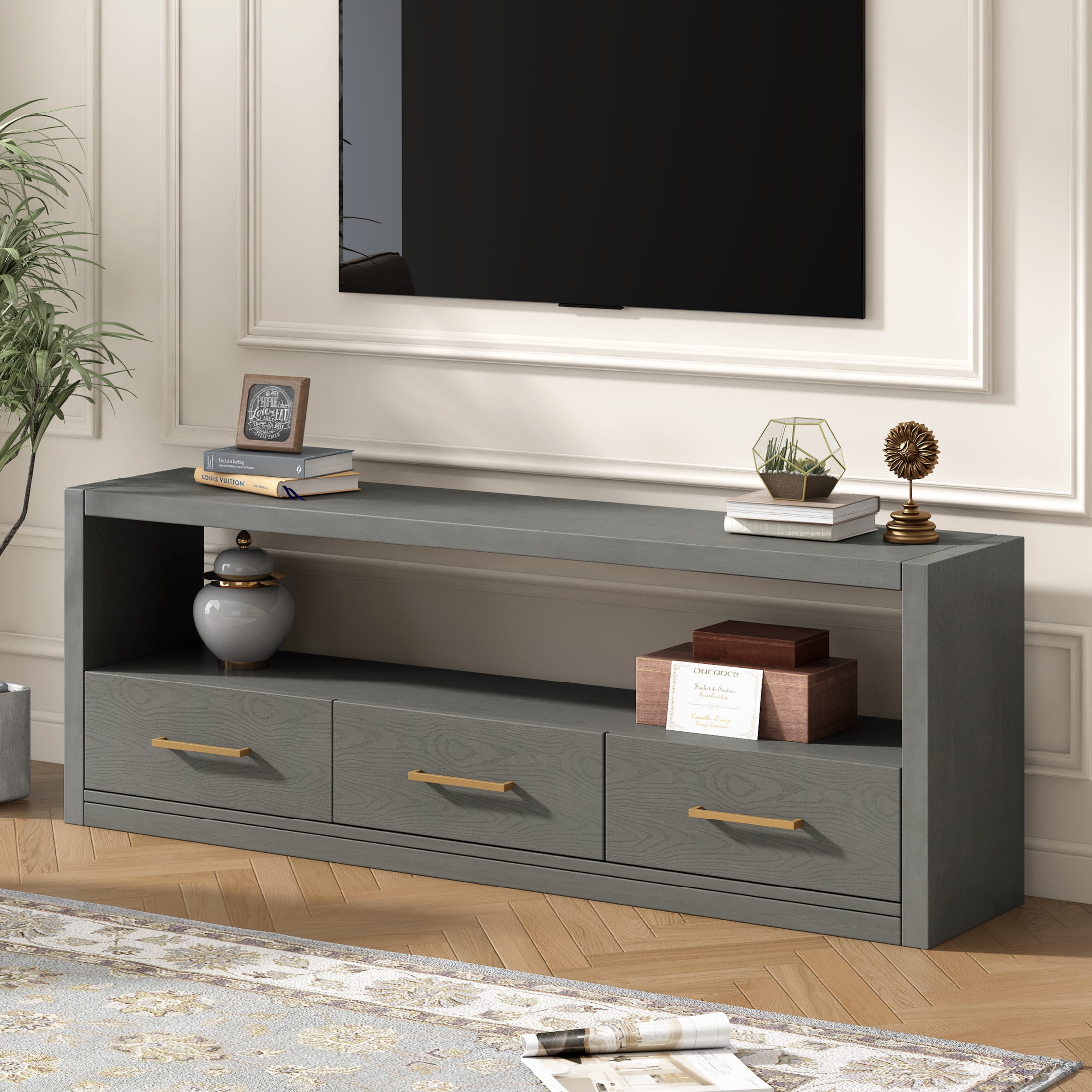 Christopher Knight Home Minimalist TV Stand For TVs up to 80" with 3 Drawers, Grey