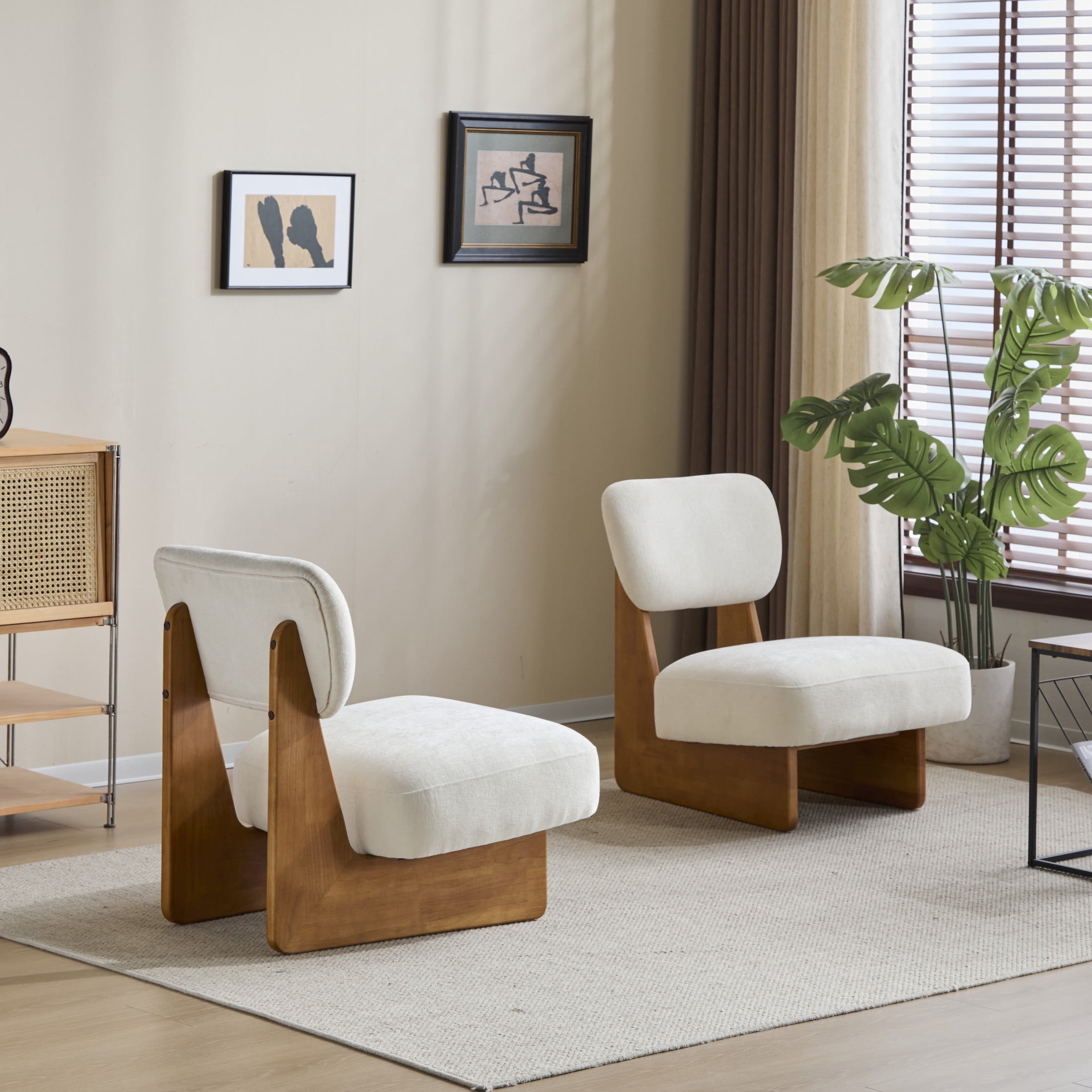 Christopher Knight Home Minimalist Upholstered Accent Chair Set of 2, Solid Wooden Base, Natural+Beige