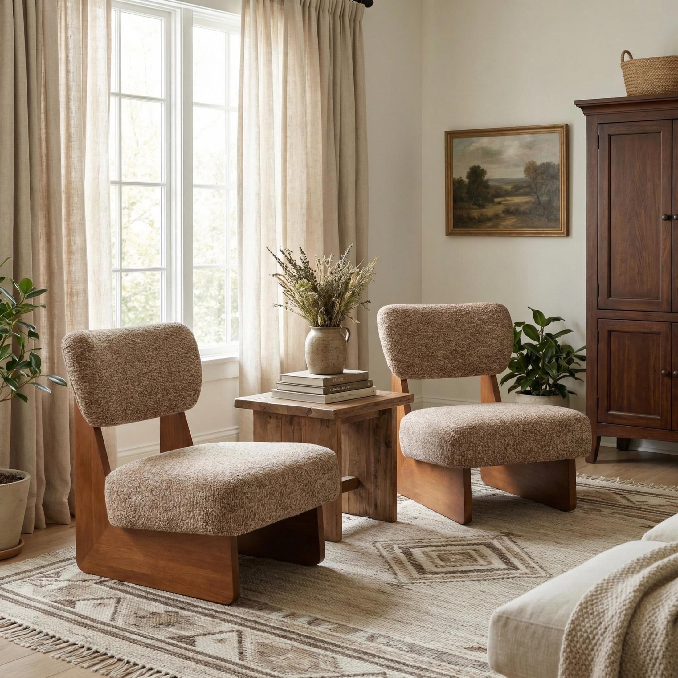 Christopher Knight Home Minimalist Upholstered Accent Chair Set of 2, Solid Wooden Base, Walnut+Multi Brown