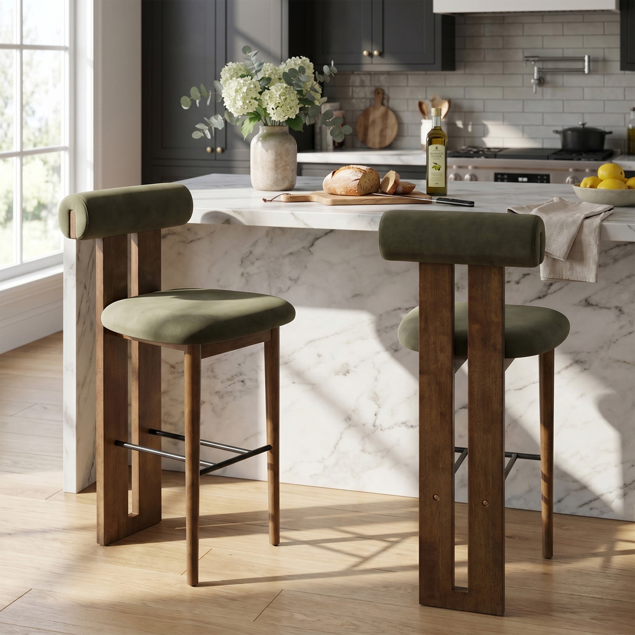 Christopher Knight Home Minimalist Upholstered Bar Stools, Solid Wood Frame, Cloud-Top Backrest, Green, Set of 2