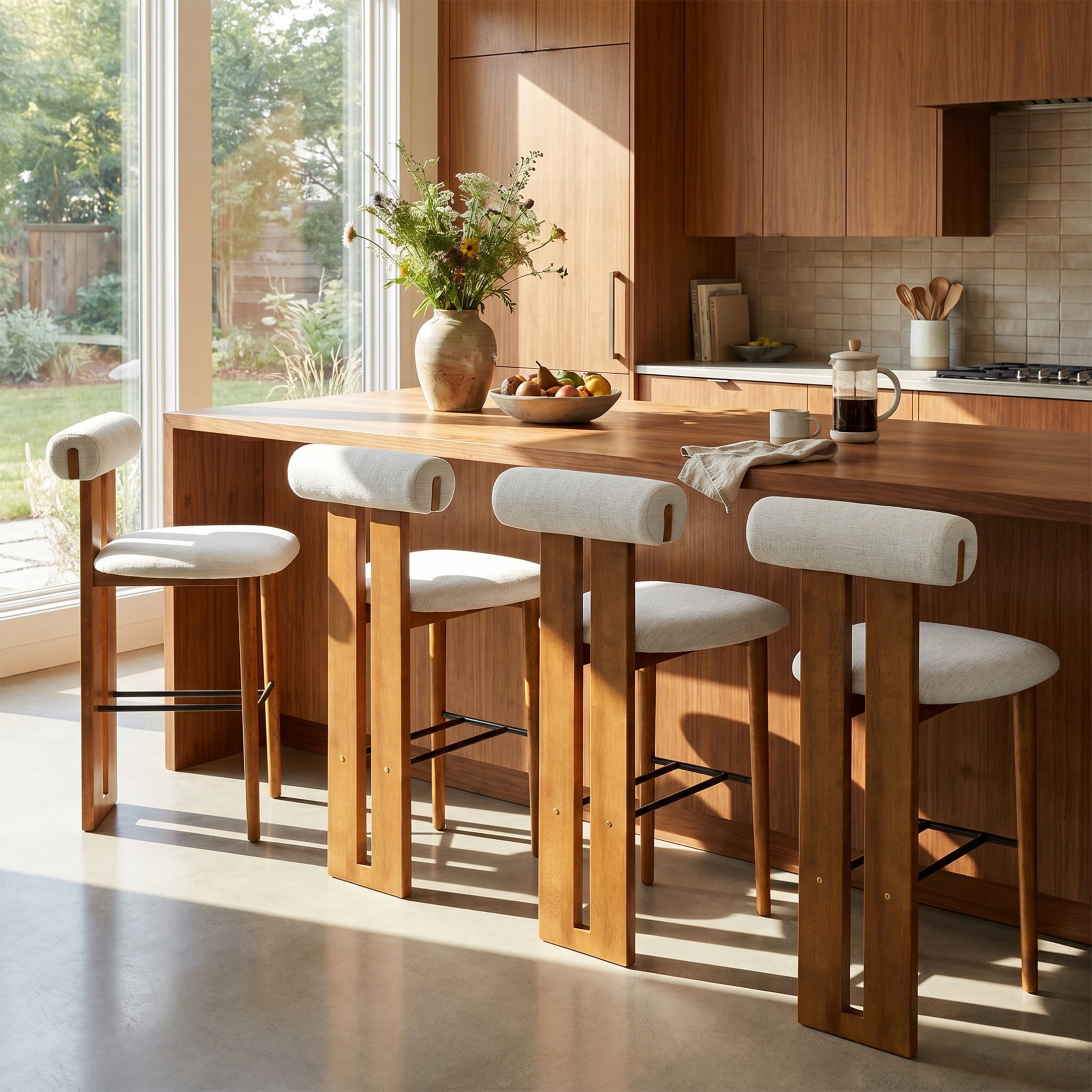 Christopher Knight Home Minimalist Upholstered Bar Stools, Solid Wood Frame, Cloud-Top Backrest, Ivory, Set of 4