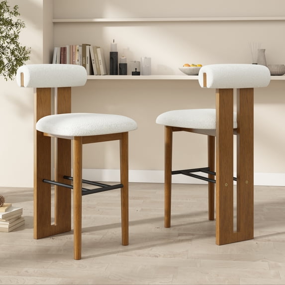 Christopher Knight Home Minimalist Upholstered Bar Stools, Solid Wood Frame, Cloud-Top Backrest, White, Set of 2