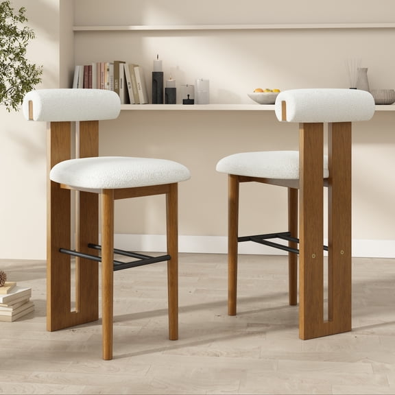 Christopher Knight Home Minimalist Upholstered Bar Stools, Solid Wood Frame, Cloud-Top Backrest, White, Set of 2