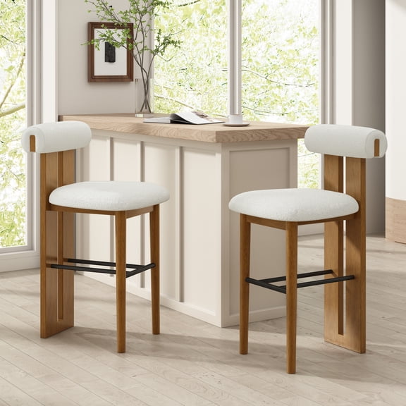 Christopher Knight Home Minimalist Upholstered Bar Stools, Solid Wood Frame, Cloud-Top Backrest, White, Set of 2