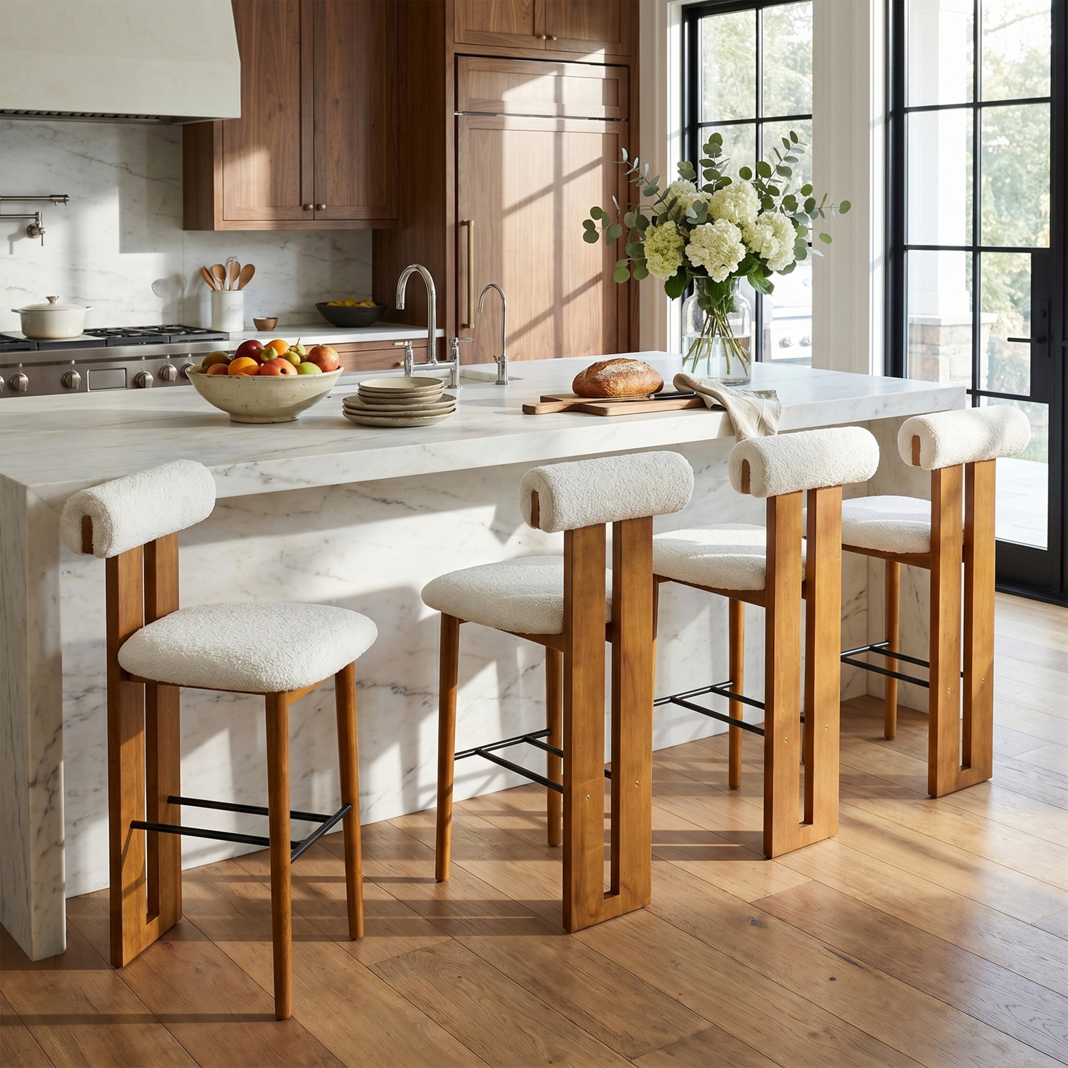 Christopher Knight Home Minimalist Upholstered Bar Stools, Solid Wood Frame, Cloud-Top Backrest, White, Set of 4