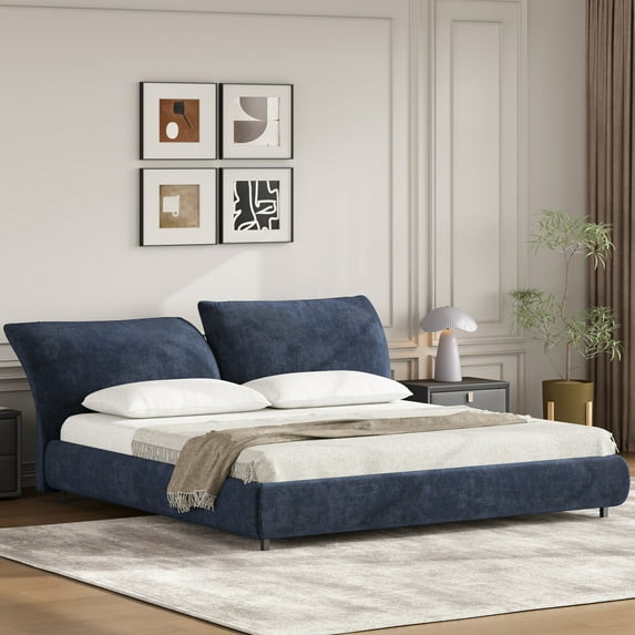 Christopher Knight Home Minimalist Upholstered King Bed Frame with Adjustable Cushions, Dark Blue