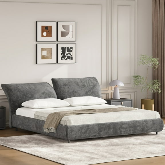 Christopher Knight Home Minimalist Upholstered King Bed Frame with Adjustable Cushions, Dark Grey
