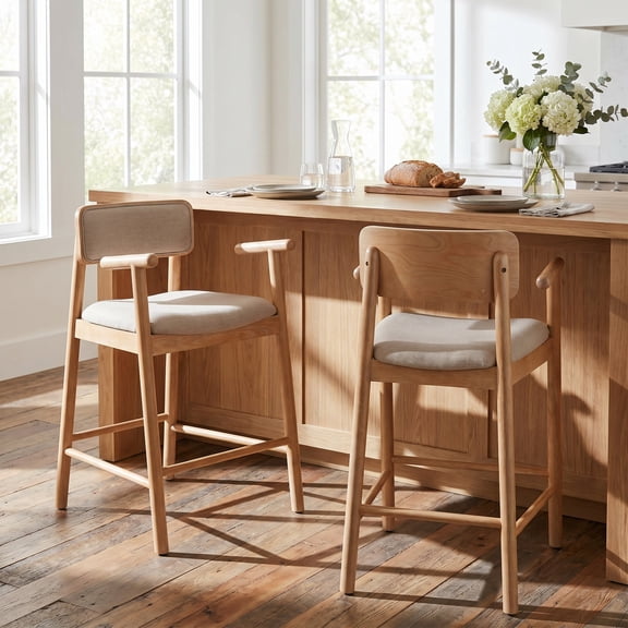 Christopher Knight Home Minimalist Wooden Counter Stools with Beige Upholstery, Natural, Set of 2
