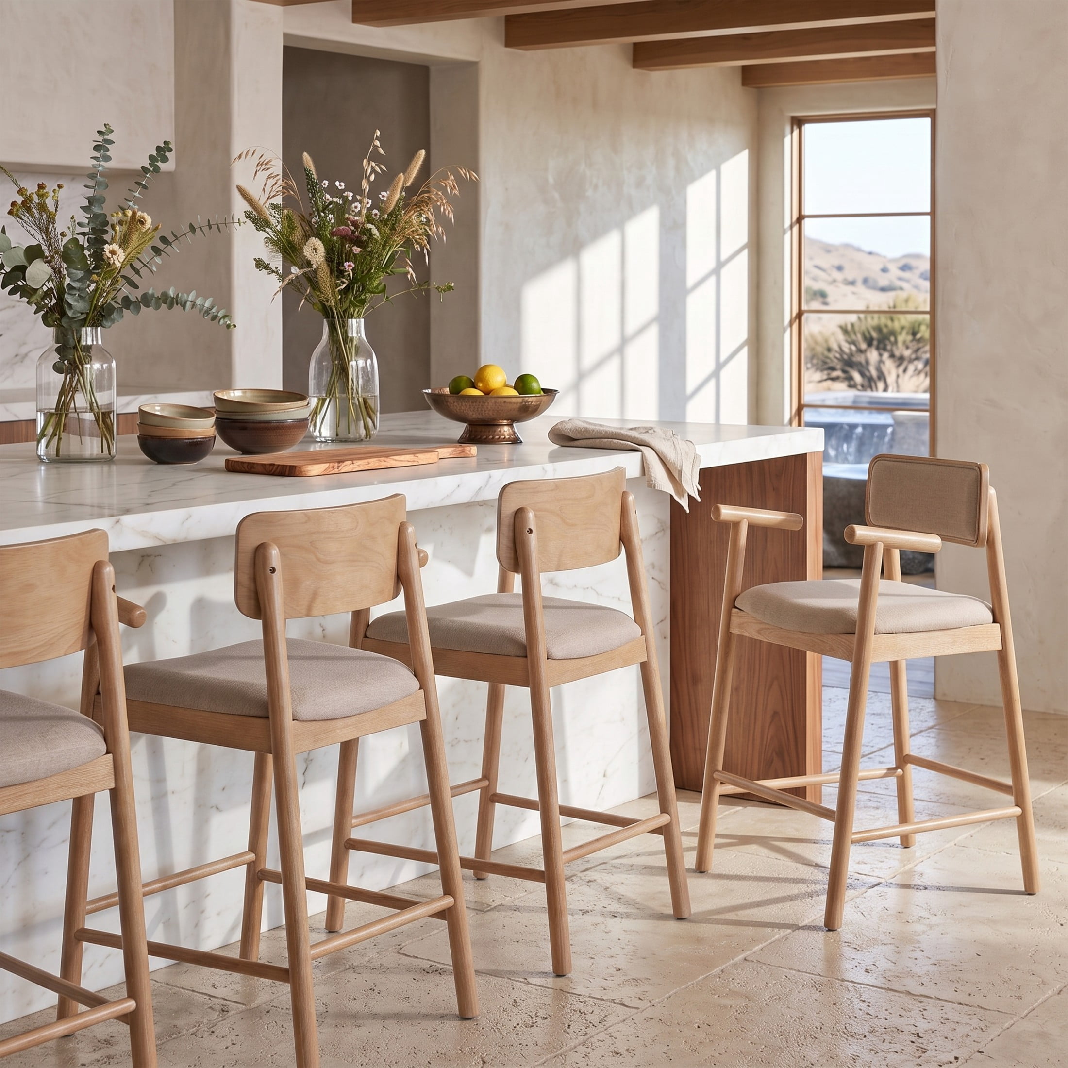 Christopher Knight Home Minimalist Wooden Counter Stools with Beige Upholstery, Natural, Set of 4