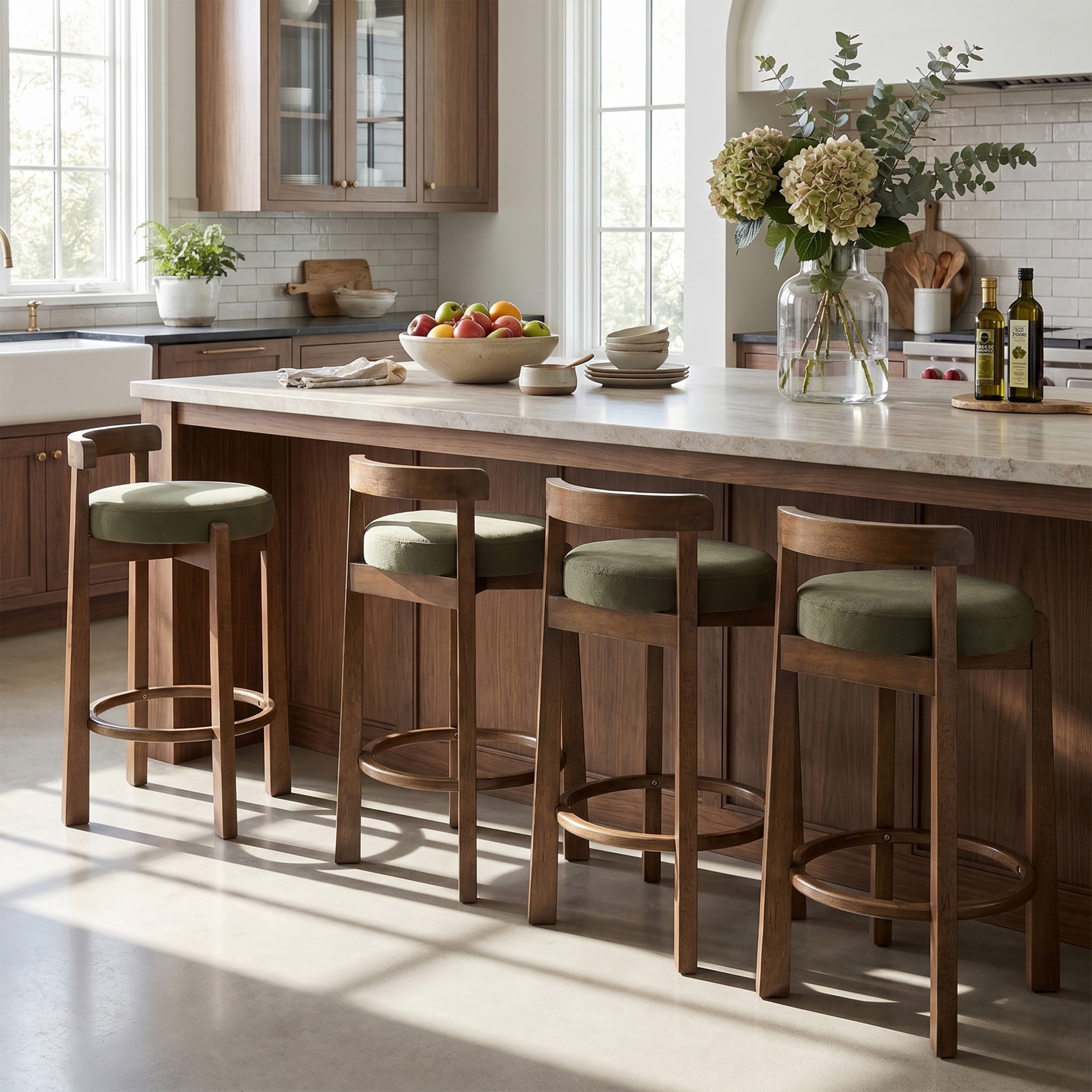 Christopher Knight Home Minimalist Wooden Counter Stools with Curved Back, Green Upholstery, Set of 4