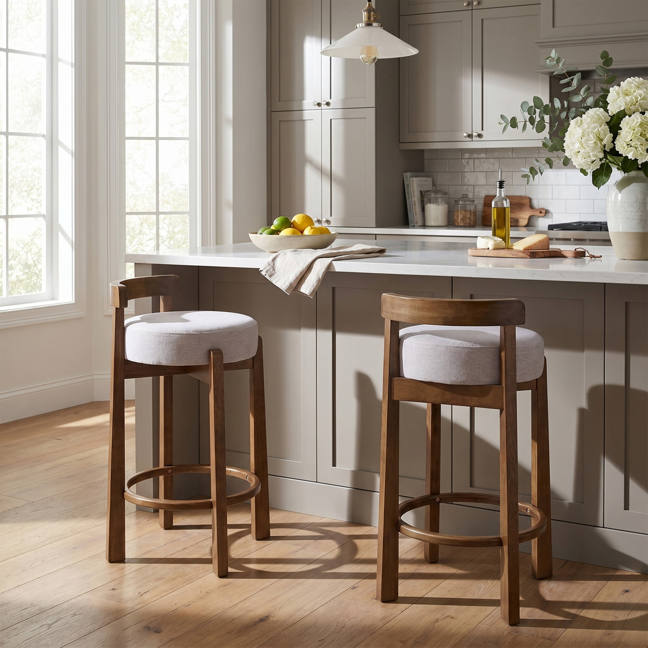 Christopher Knight Home Minimalist Wooden Counter Stools with Curved Back, Ivory Upholstery, Set of 2