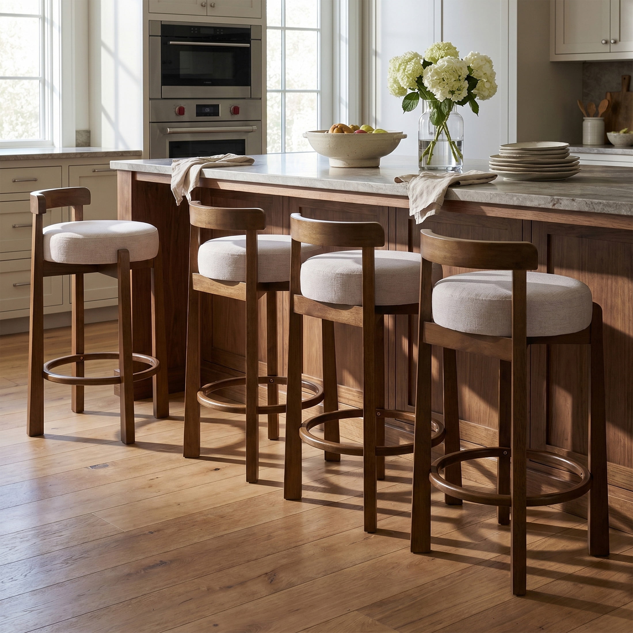Christopher Knight Home Minimalist Wooden Counter Stools with Curved Back, Ivory Upholstery, Set of 4