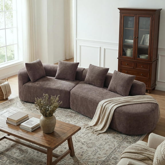 Christopher Knight Home Modern 116" Curved Sectional Sofa Couch, Upholstered Chaise Lounge with 4 Pillows, Brown