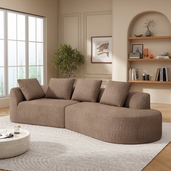 Christopher Knight Home Modern 116" Curved Sectional Sofa Couch, Upholstered Chaise Lounge with 4 Pillows, Camel