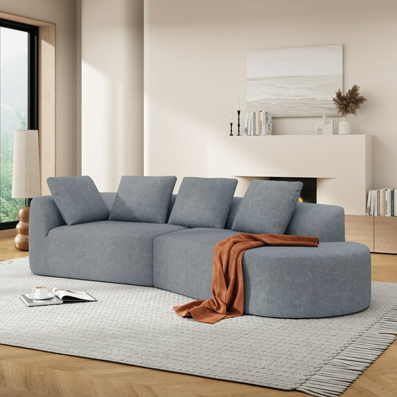 Christopher Knight Home Modern 116" Curved Sectional Sofa Couch, Upholstered Chaise Lounge with 4 Pillows, Light Grey