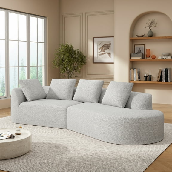 Christopher Knight Home Modern 116" Curved Sectional Sofa Couch, Upholstered Chaise Lounge with 4 Pillows, White Gray
